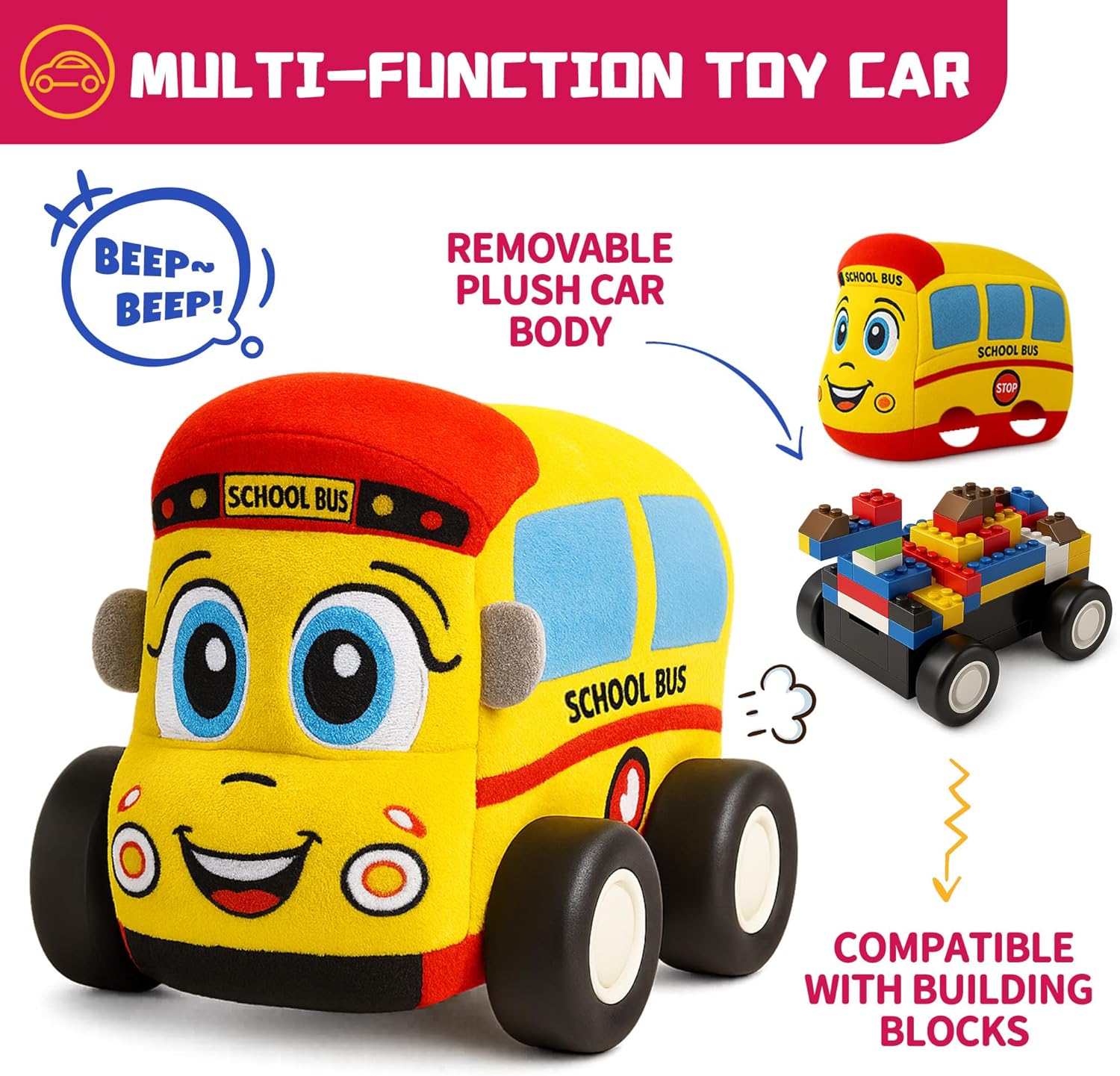 Plush Remote Control Bus for Toddlers, 2.4GHz Soft Body RC Car with Music Universal Brick-Compatible Roof, Easy 2-Button Controller, Durable Wheels, Gift Toy for Boys & Girls Ages 2–5