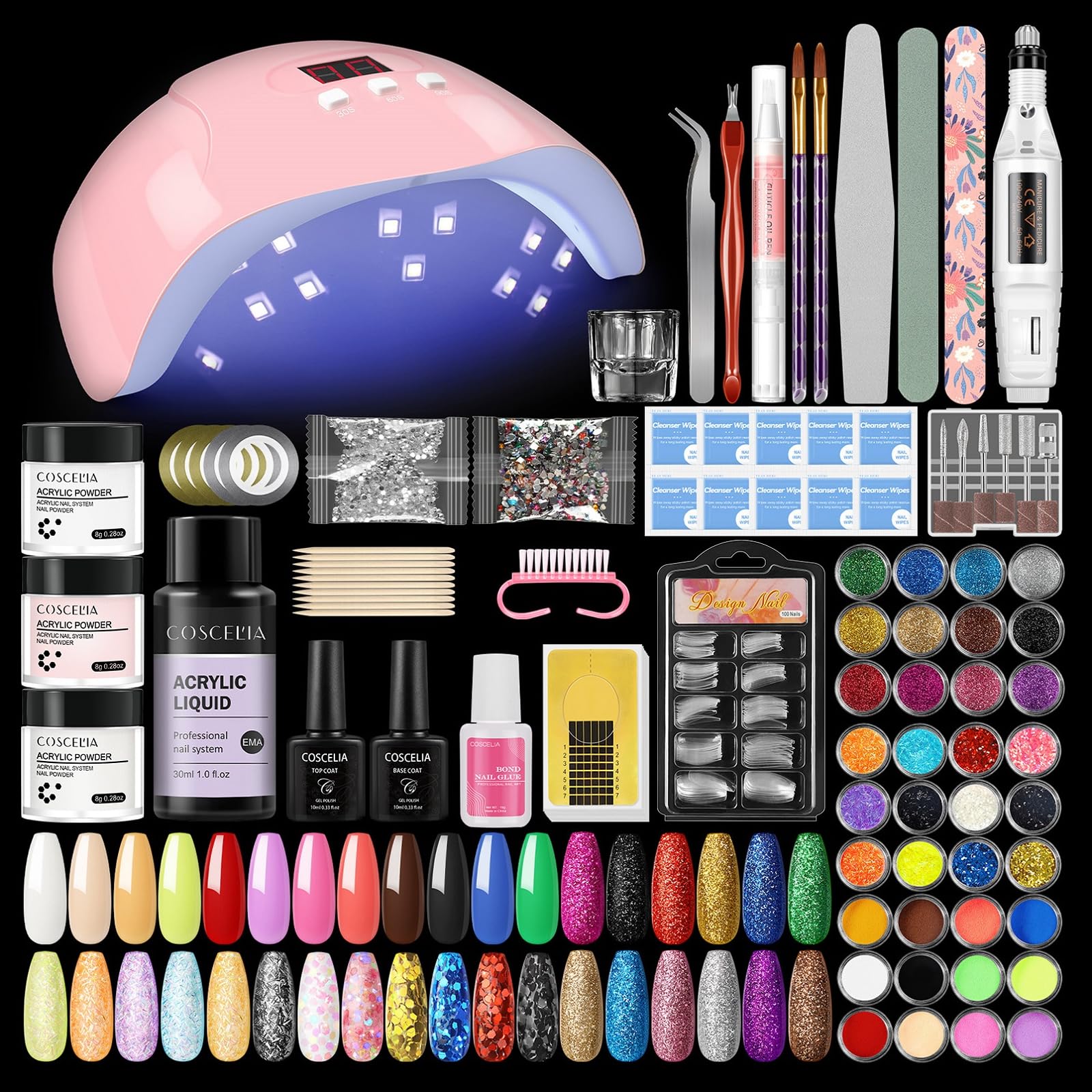 COSCELIA Kit Uñas Acrilicas Con 36w Lampara U-V Led,30ml Monomero y 3pc 8g Polvos y 36 Colors Decoración,Top Base Coat Semipermanente,Pegamento Uñas Postizas,Kit Manicura y Pedicura
