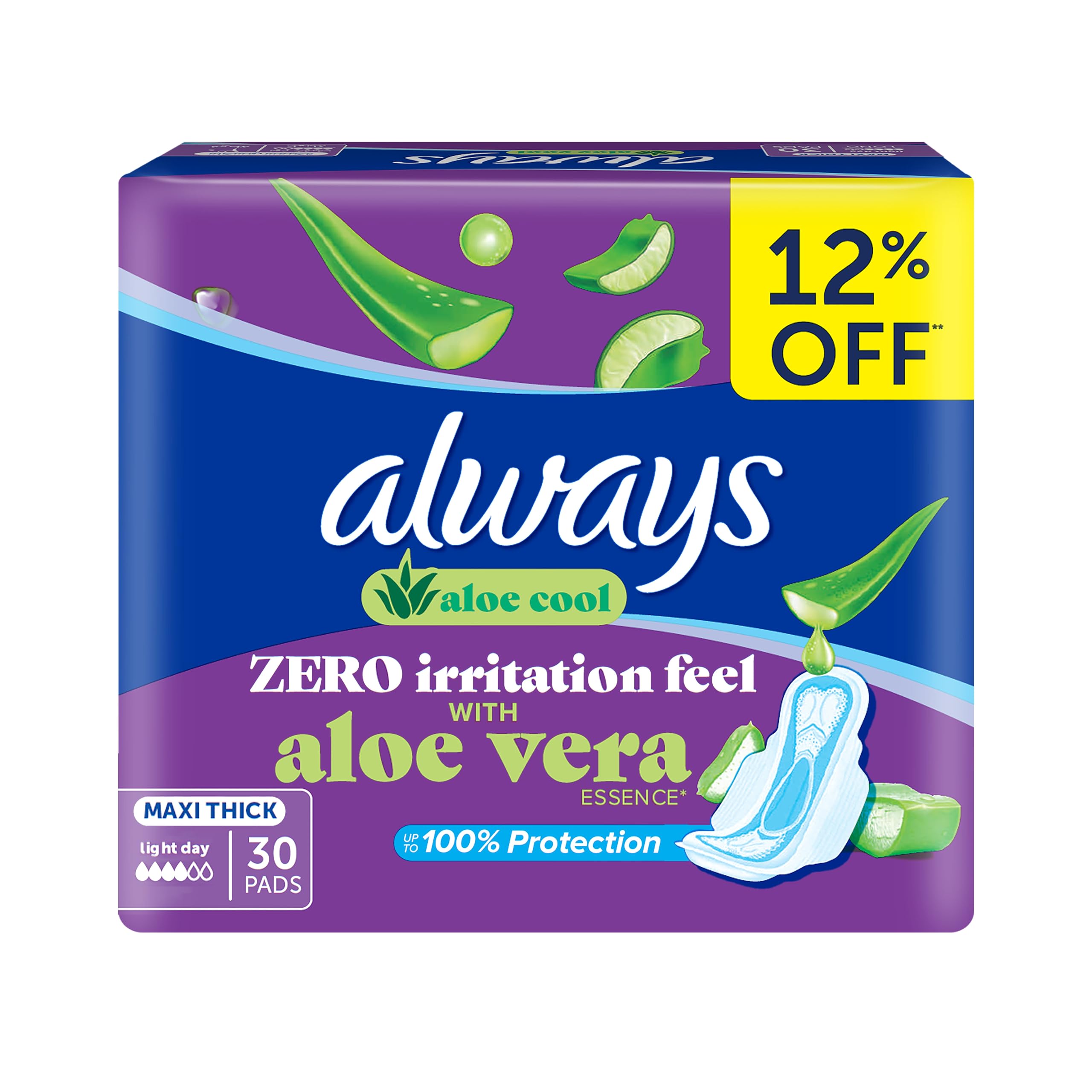 Always Aloe Cool Pads For Light Days, Long Maxi Thick Pads With Wings, 30 Pads