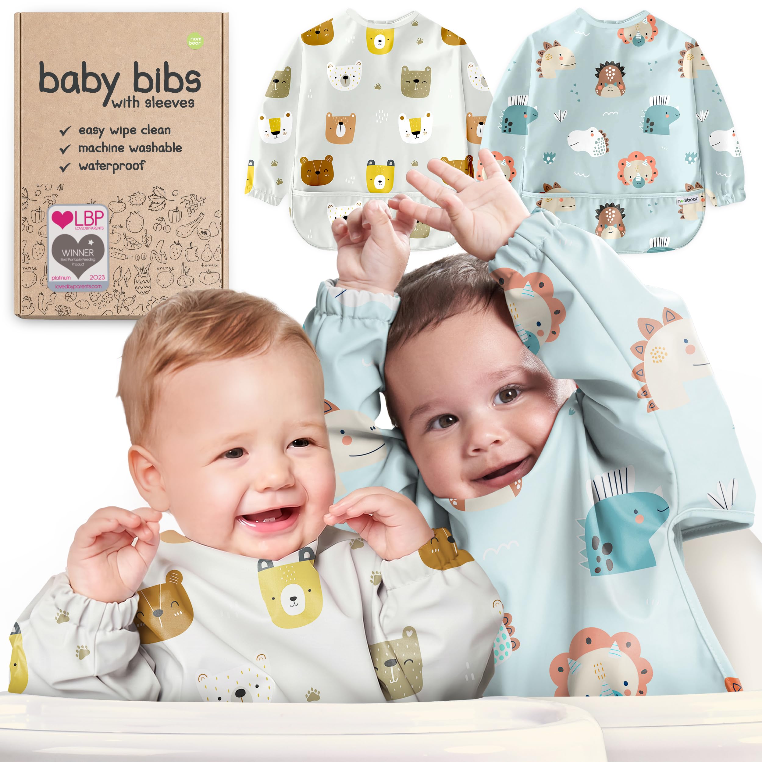 Nombear 03 - Growl (2 Pack) Waterproof Baby Weaning Bibs With Sleeves For 6-24 Months, 2 Pack