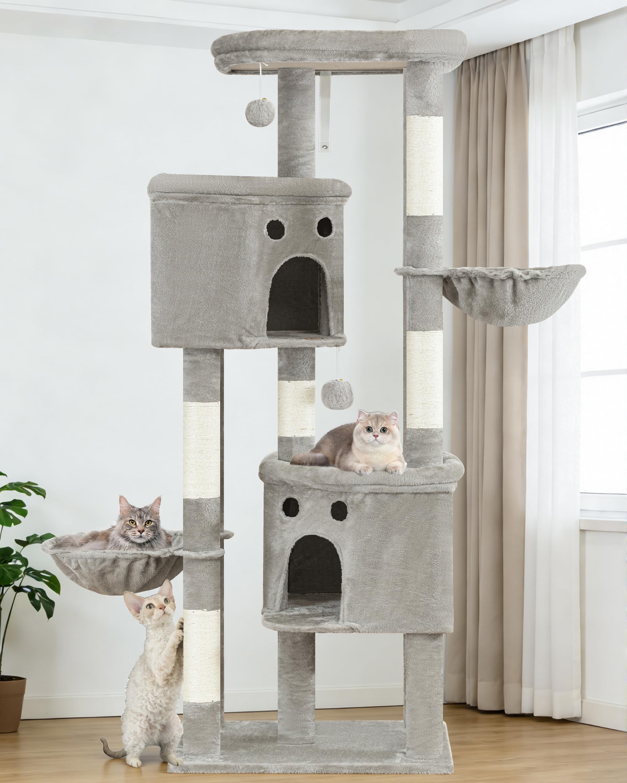 Kratzbaum Groß, Kratzbaum Grosse Katzen Stabil 213 cm hoch - Katzenbaum XXL, Mehrstöckiger Katzenbaum Hellgrau mit 5 Kratzsäulen, 6 Plüschbälle, Plattformen, Höhlen, Hängematte