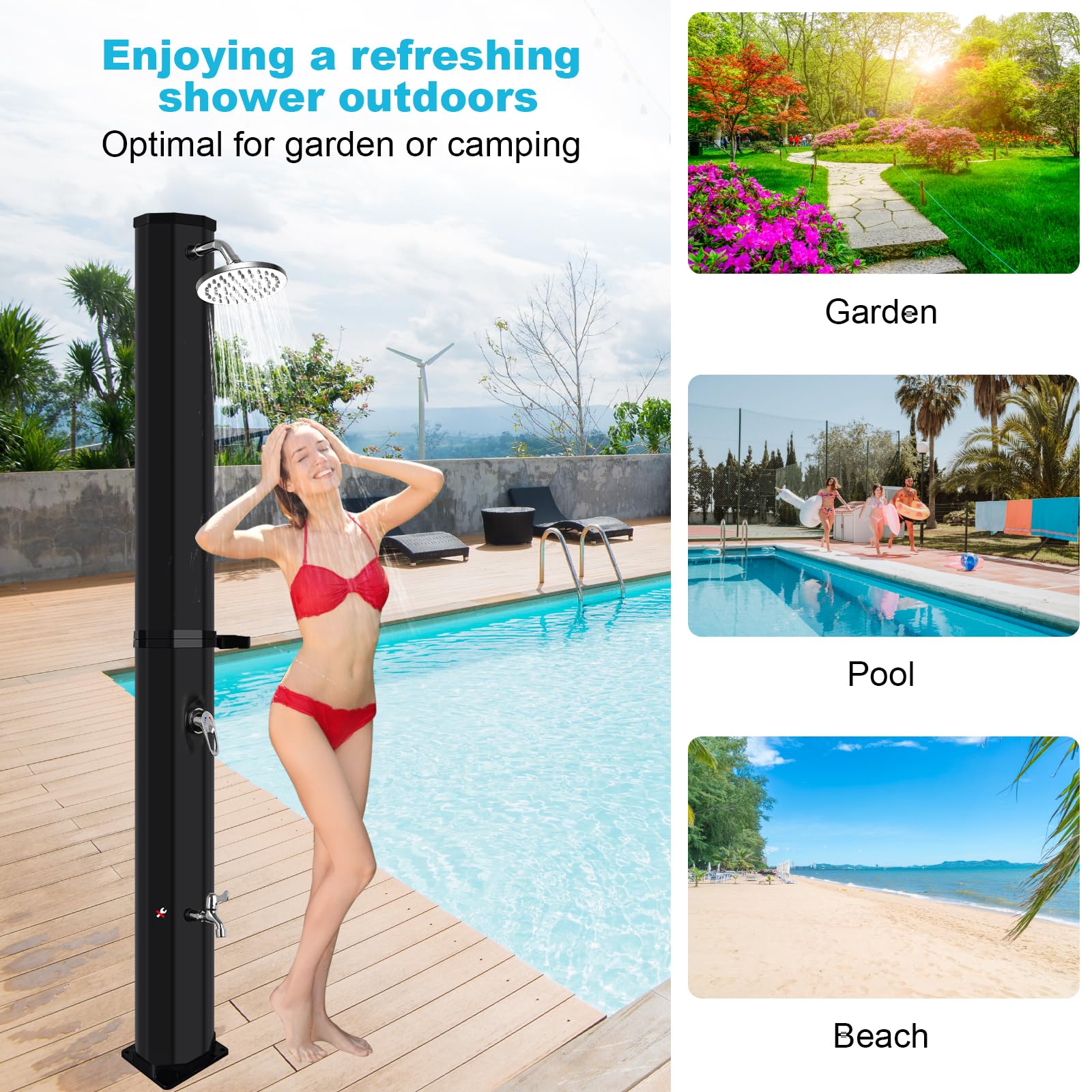Doccia Solare da Giardino 60Litri - Solare da Esterno con Doccia e Rubinetto a Pedale, Acqua Calda Fino a 60°C, Senza Collegamento di Alimentazione, Doccia Solare da Esterno per il Spiaggia, Piscina