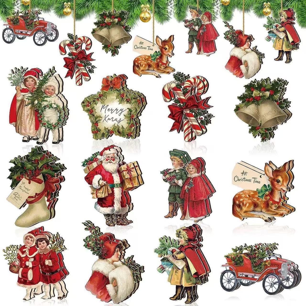 24 Pcs Christmas Wood Cute Ornaments Bells Deer Gift Truck Wooden Hanging Ornaments Christmas Tree Cutouts Wood Crafts Holiday Decor Xmas Party Supplies, S7 Pattern 3