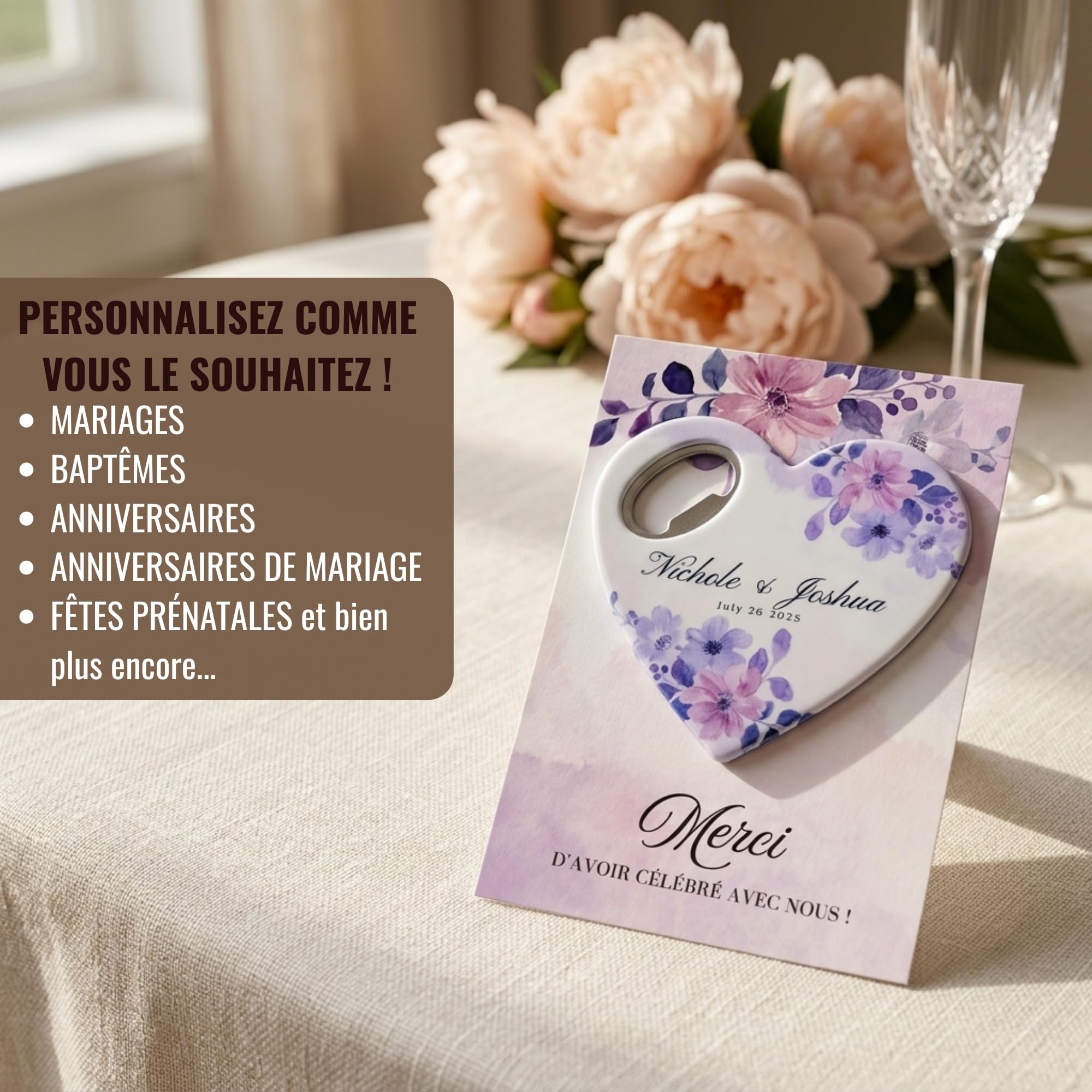 Cadeaux d’invités de mariage personnalisés, ouvre-bouteille aimanté en forme de cœur avec carte de remerciement, cadeau pour invités de bridal shower (lot de 30)