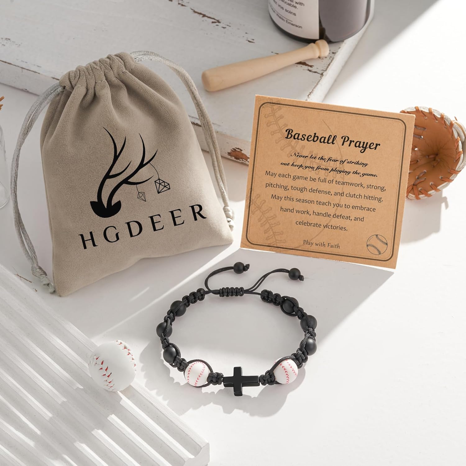 HGDEER Baseball Basketball Football Soccer Volleyball Gifts, Natural Stone Baseball Cross Bracelets for Teen Ideas with Message Gift Card - Image 5