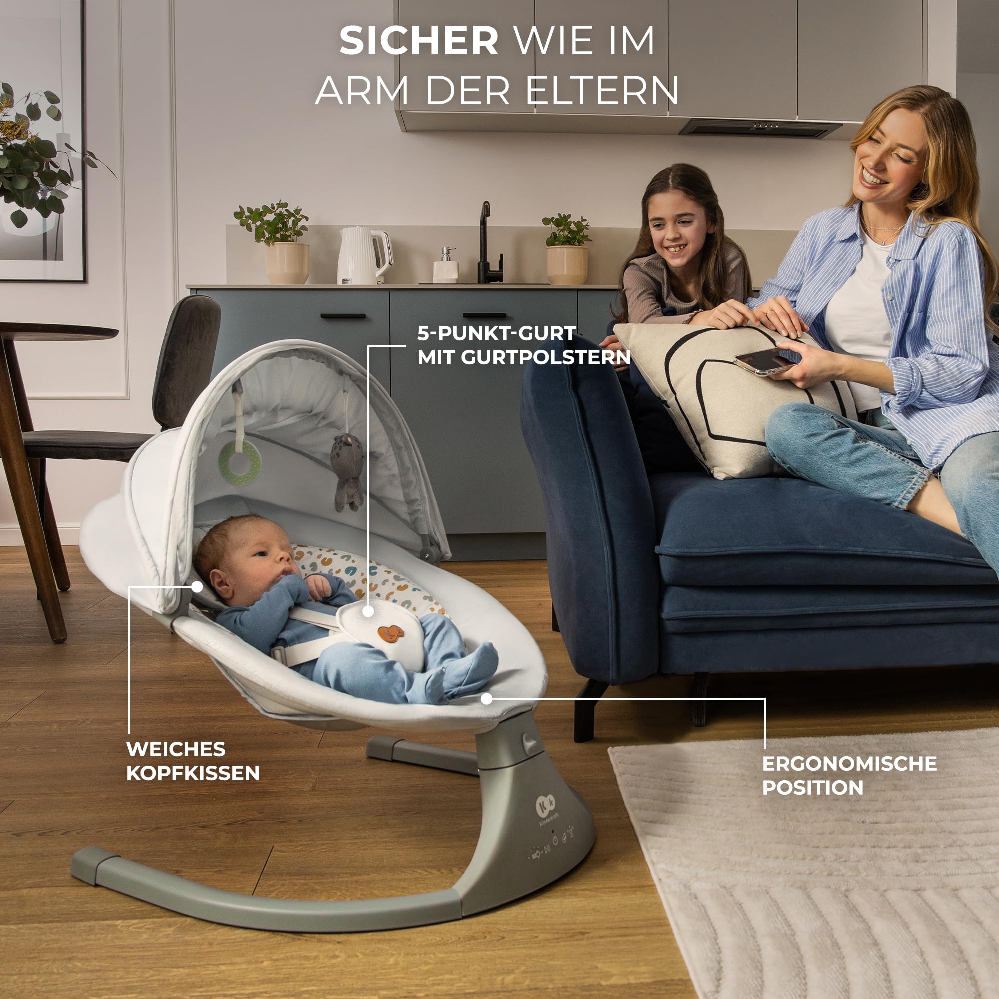 Kinderkraft LUMI 2 Babywippe, Elektrische Babyschaukel, Von der Geburt bis 9 Monate, Höhenverstellbar, 5 Schaukelmodi, 12 Melodien, Bogen mit Spielzeug, Dunkelgrau