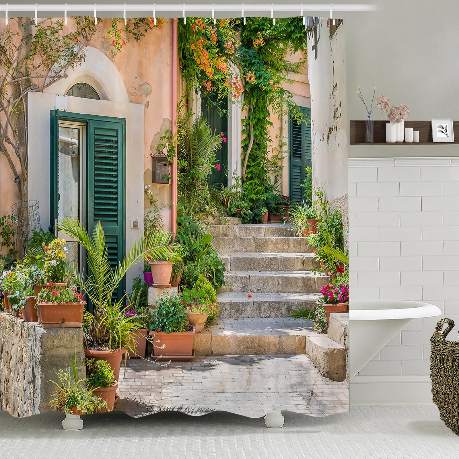 Simpomsy Street Scenery Shower Curtain with Old Stone House and Flower Picture Lightweight Quick-dry Cloth Bathroom Curtain with Hooks Tall Floral Shower Curtain for Bathroom 200x180cm