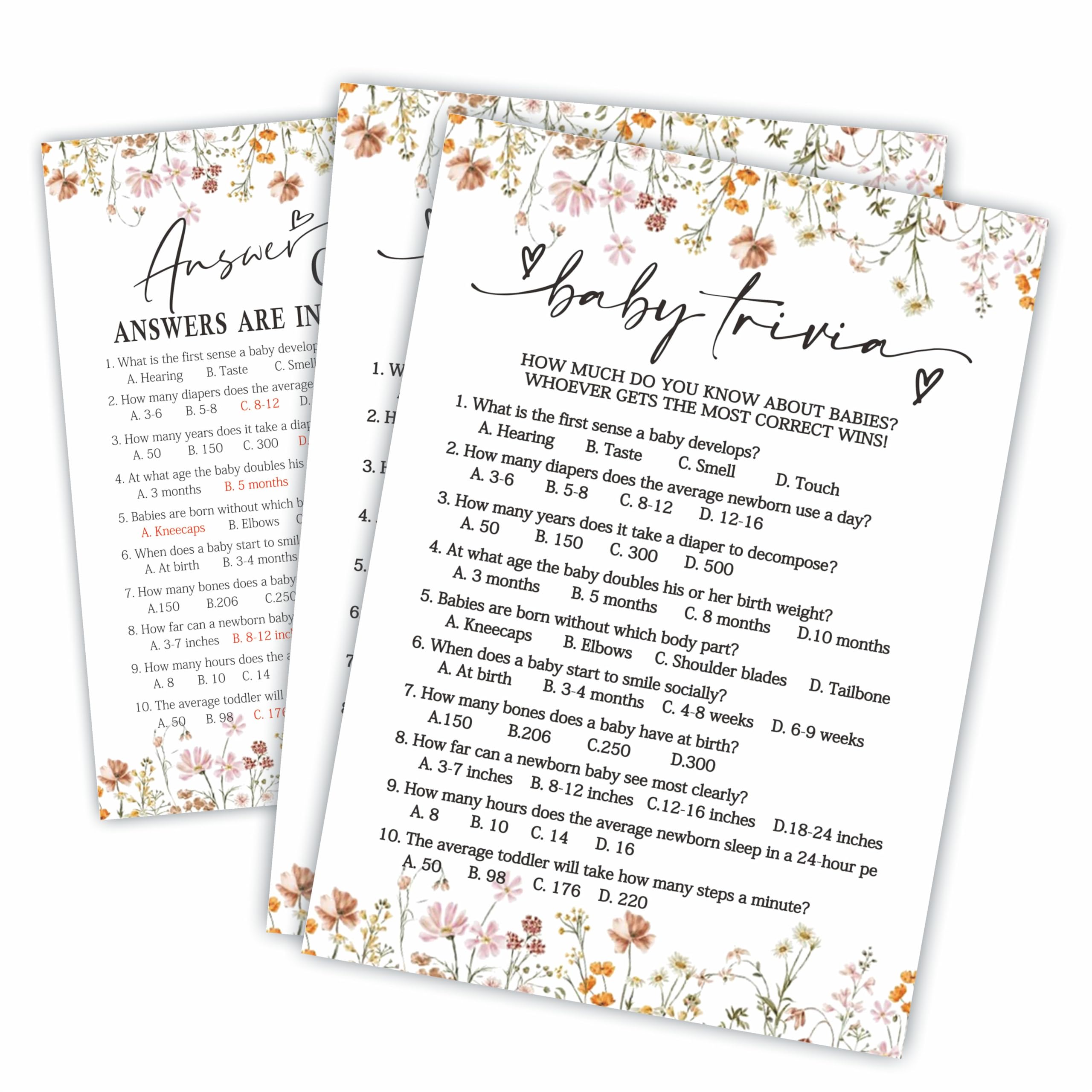 Baby Shower Game Cards, Baby Trivia Game Cards, Spring Flower, 30 Double-Sided Game Cards & 1 Answer Cards, Baby Announcement, Gender Reveal Party