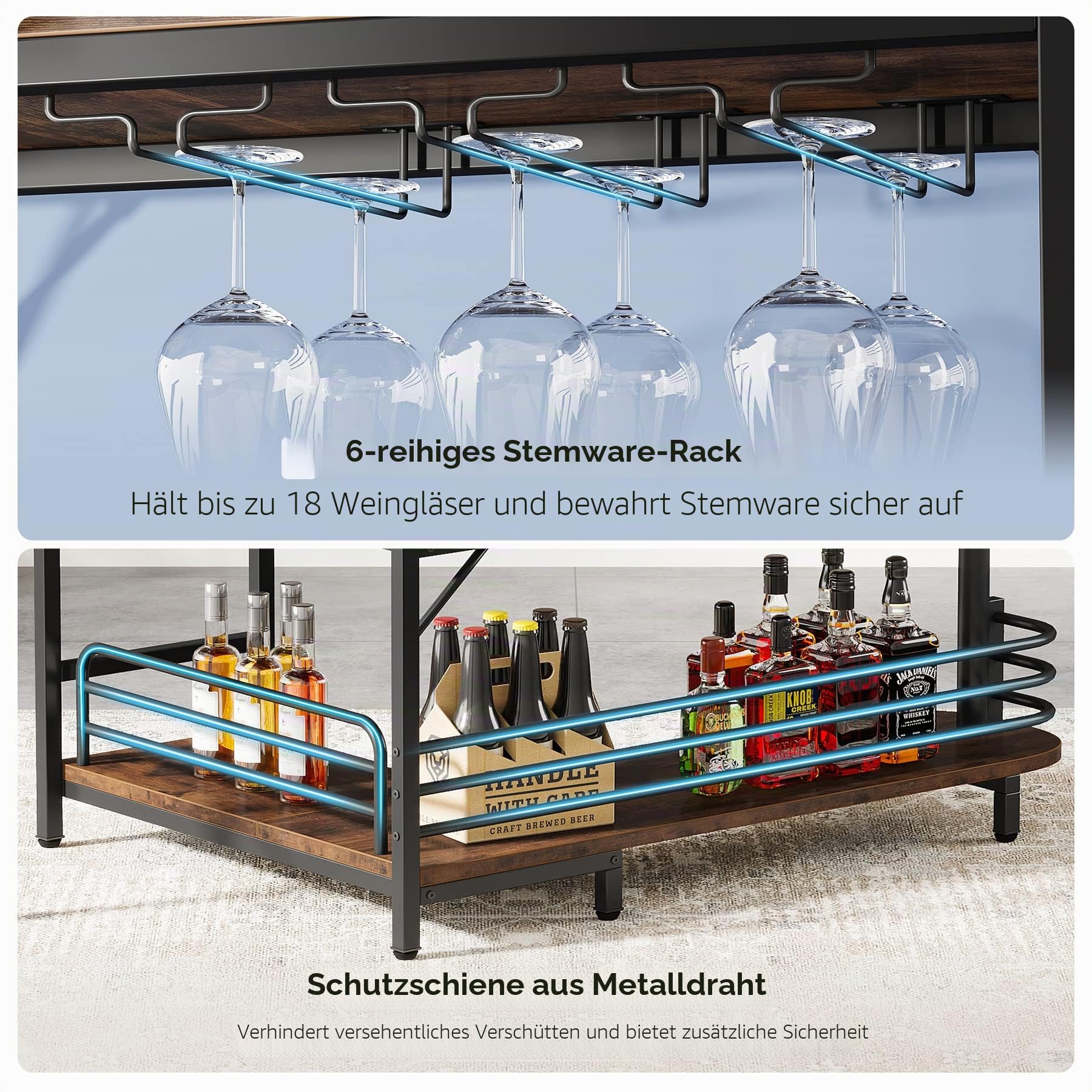 Tribesigns L-förmige Bartisch, 3 Tier Liquor Bistrotisch mit Regal Weinregal und Weingläser Halter, Industrielle Ecke Küchentisch, für Wohnzimmer, Küche, Industrie-Design, Rustikale braun