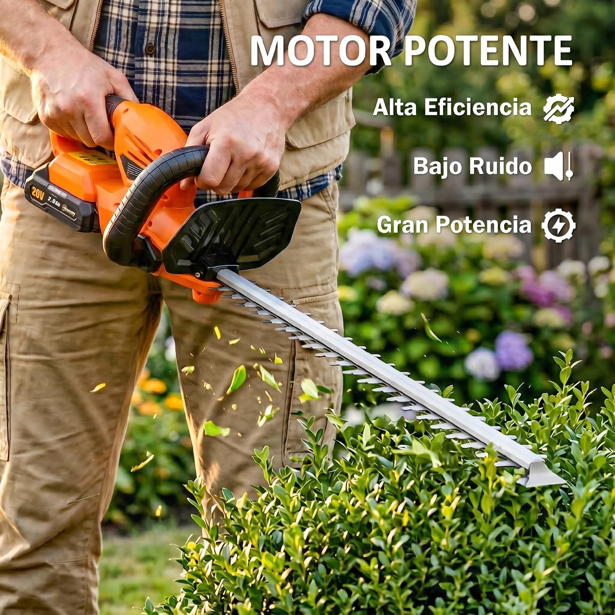 Outsunny Tijeras Cortasetos Eléctrico, Cortasetos Batería 18V con Batería de 2000mAh, Hoja de Doble Acción de 51 cm, Motor sin Escobillas y Cargador para Setos, Césped, Naranja