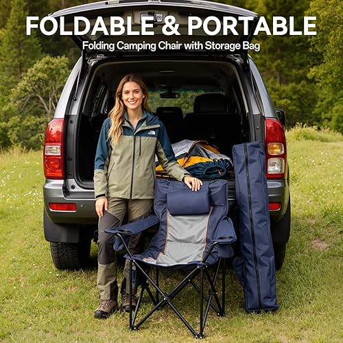 Miniatura 8 de Sillas de camping con calefacción para adultos, 3 niveles de calefacción para respaldo y asiento, sillas de camping plegables con portavasos y