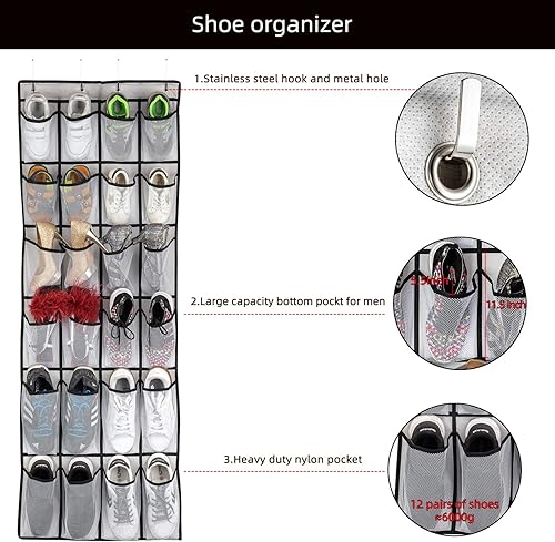 Miniatura 4 de Organizador de zapatos para colgar sobre la puerta, organizador de zapatos colgante con 24 bolsillos grandes de malla, organizador de zapatos para