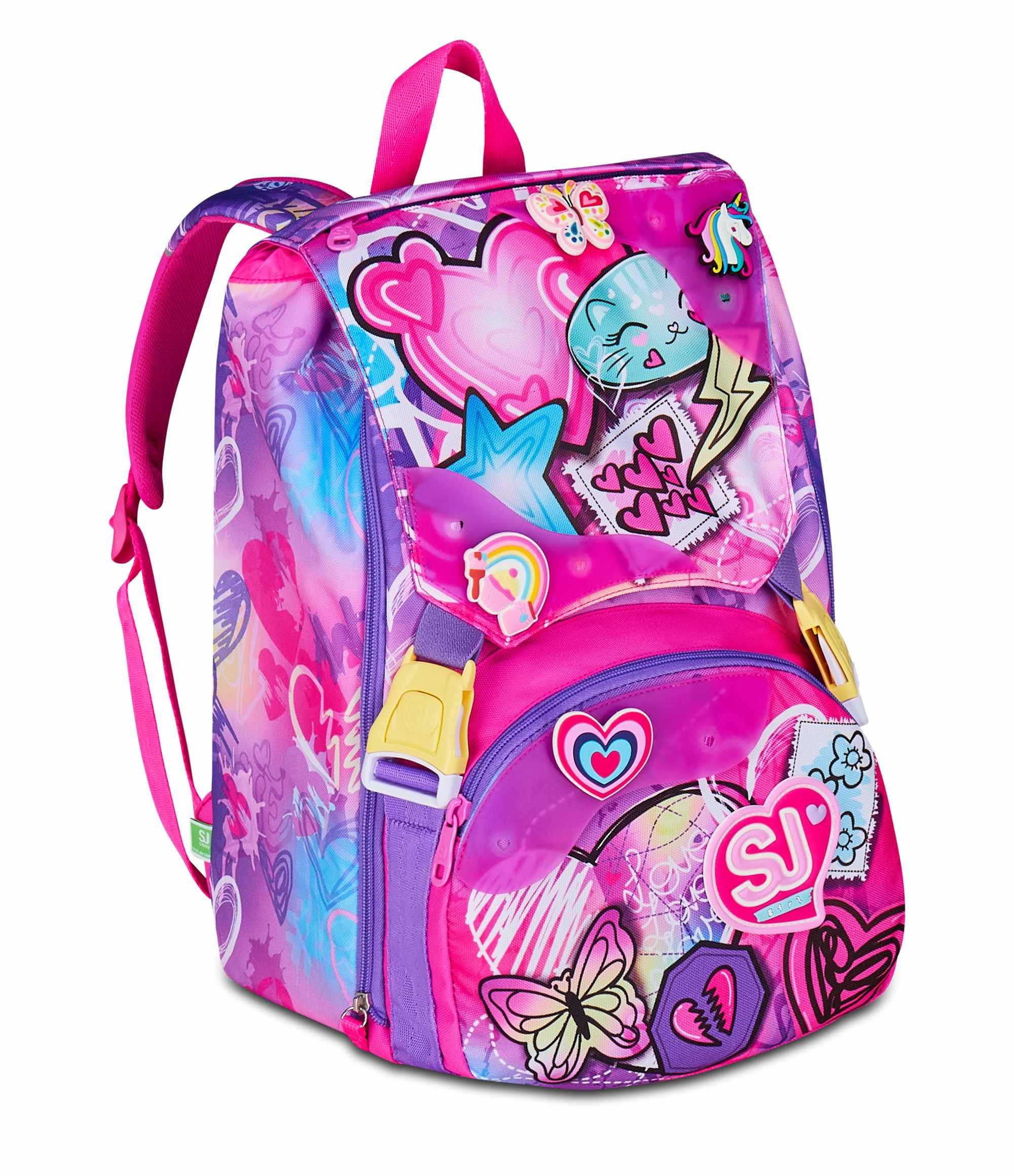 SJ GANG STYLE JAM GANG Zaino Scuola Estensibile Big, Fucsia, Zaino con Divisorio Interno, Tasca Superiore con Patch Riposizionabili, Tasca per Borraccia, 24 L, Zaino Scuola Elementare, Zaino Bambina
