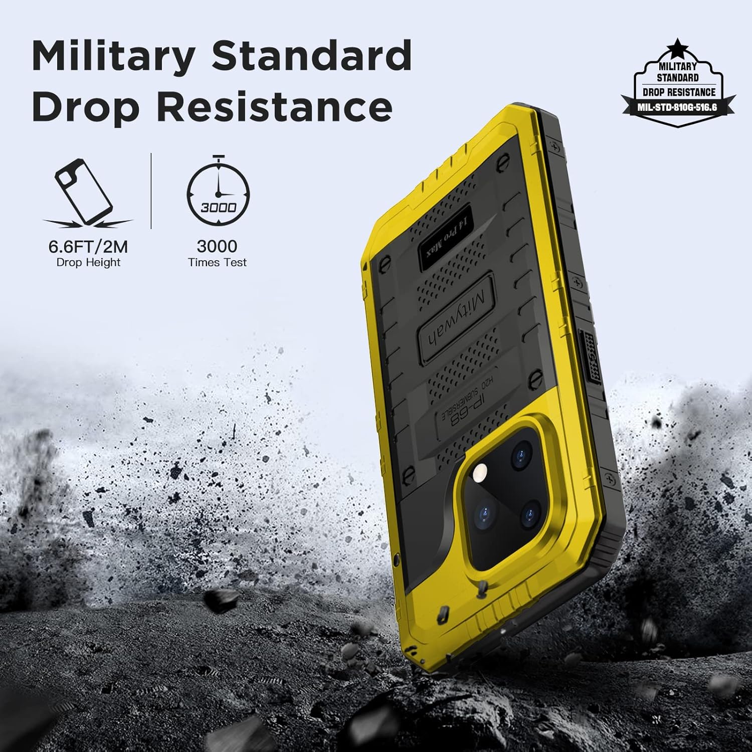 Mitywah Waterproof Case for iPhone 14 Pro Max, Heavy Duty Shockproof Case with Built-in Screen Protector, Full Body Underwater Protective Metal Case 6.7 inch, Yellow