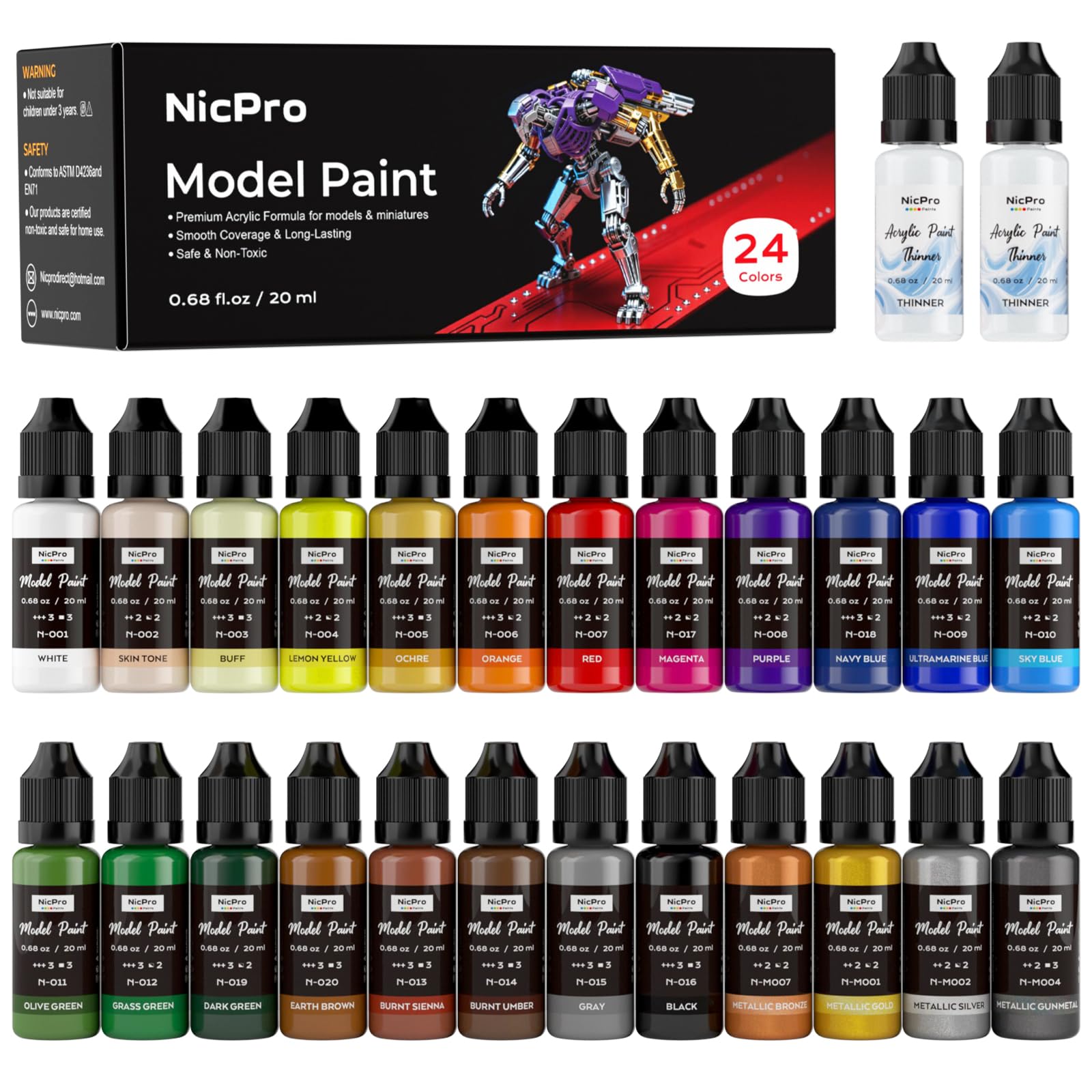 Nicpro Set di Colori Acrilici Per Modellismo 24 Colori x 20 ml, Colori Acrilici Pronti All'Uso, Pennelli & Aerografo Compatibili, Pittura per Modelli, Artigianato, Modellismo, e 2 Diluente