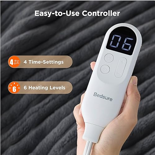 Vista 156 de Bedsure GentleSoft - Manta térmica eléctrica, suave manta eléctrica de franela acanalada, calefacción con 4 ajustes de tiempo, 6 ajustes de calor
