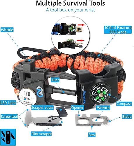 Miniatura 21 de Brazalete de supervivencia – Kit de equipo de emergencia táctico con luz LED SOS, cuchillo, 550 grados, ajustable, multiherramientas, iniciador