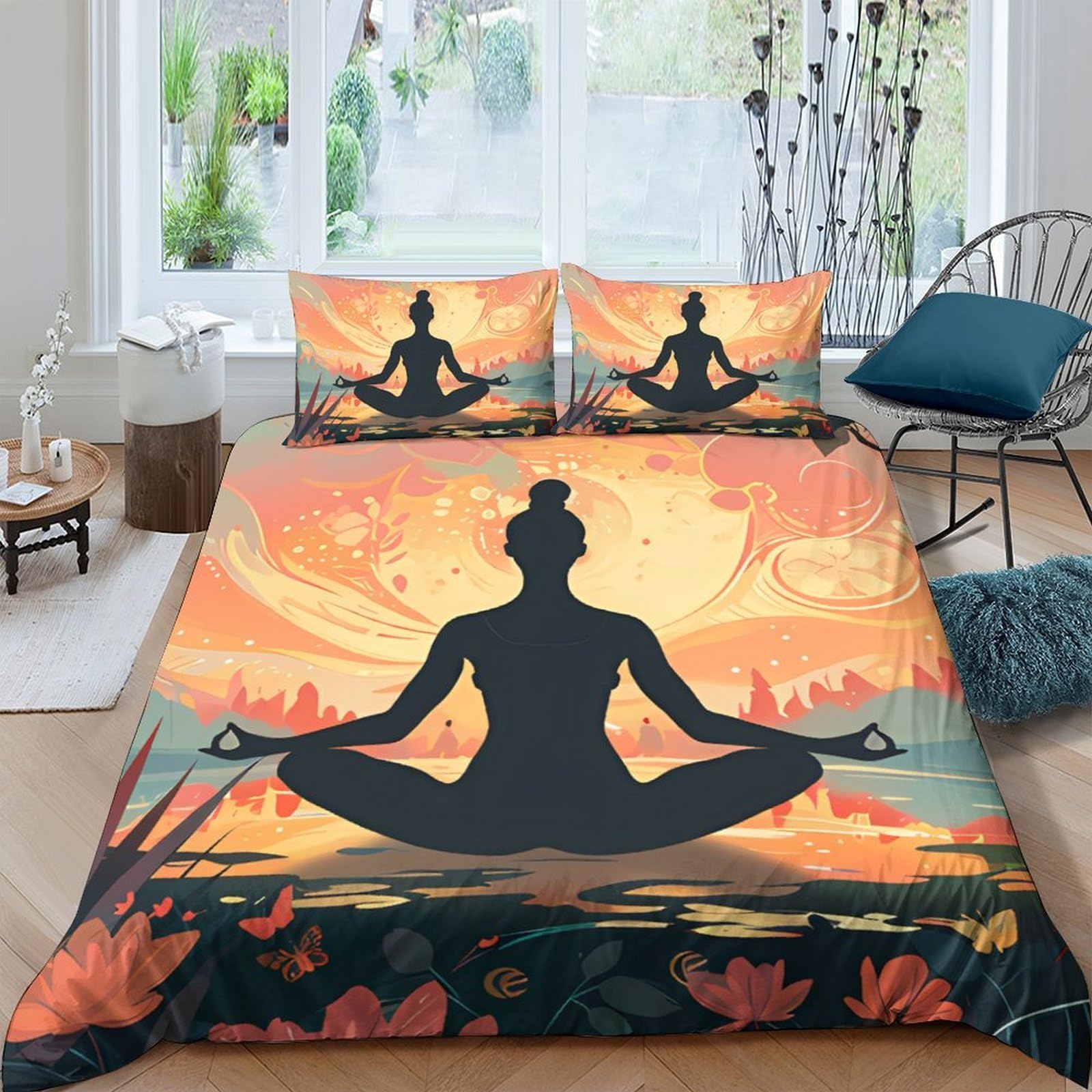 Ctjqhvkz Style-7 3D Printed Sunset Yoga Fitted Sheet Microfiber Breathable Meditation Silhouette Mattress Cover For Bedroom Guest Room Decor Single（135X200cm）