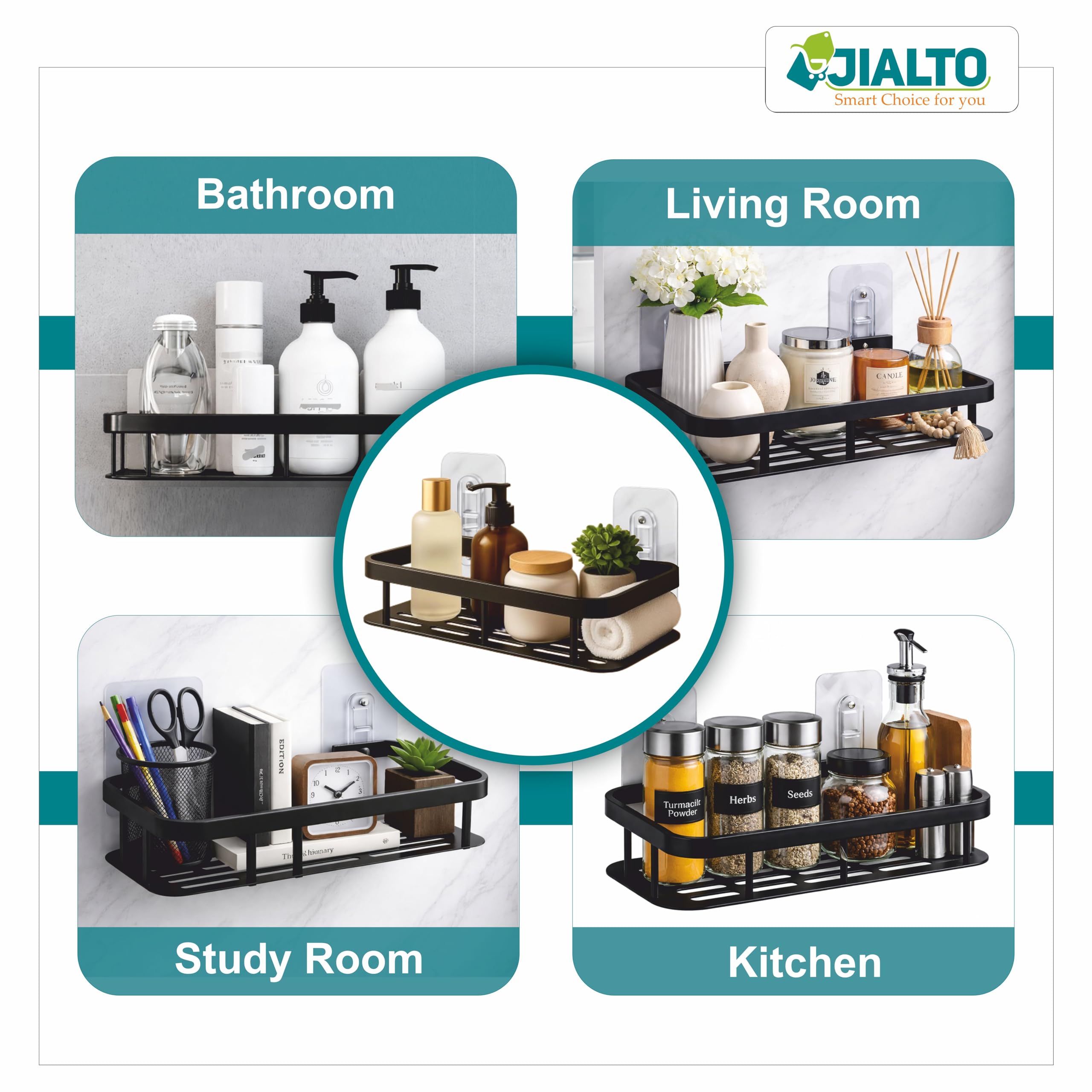 JIALTO 1 Pcs Bathroom Accessories - Multipurpose Aluminium Bathroom Shelf for Wall | Self-Adhesive Wall Mounted Bathroom Organiser Without Drill | 1 Pcs Black Bathroom Shelf | Bathroom Rack (Black) 3