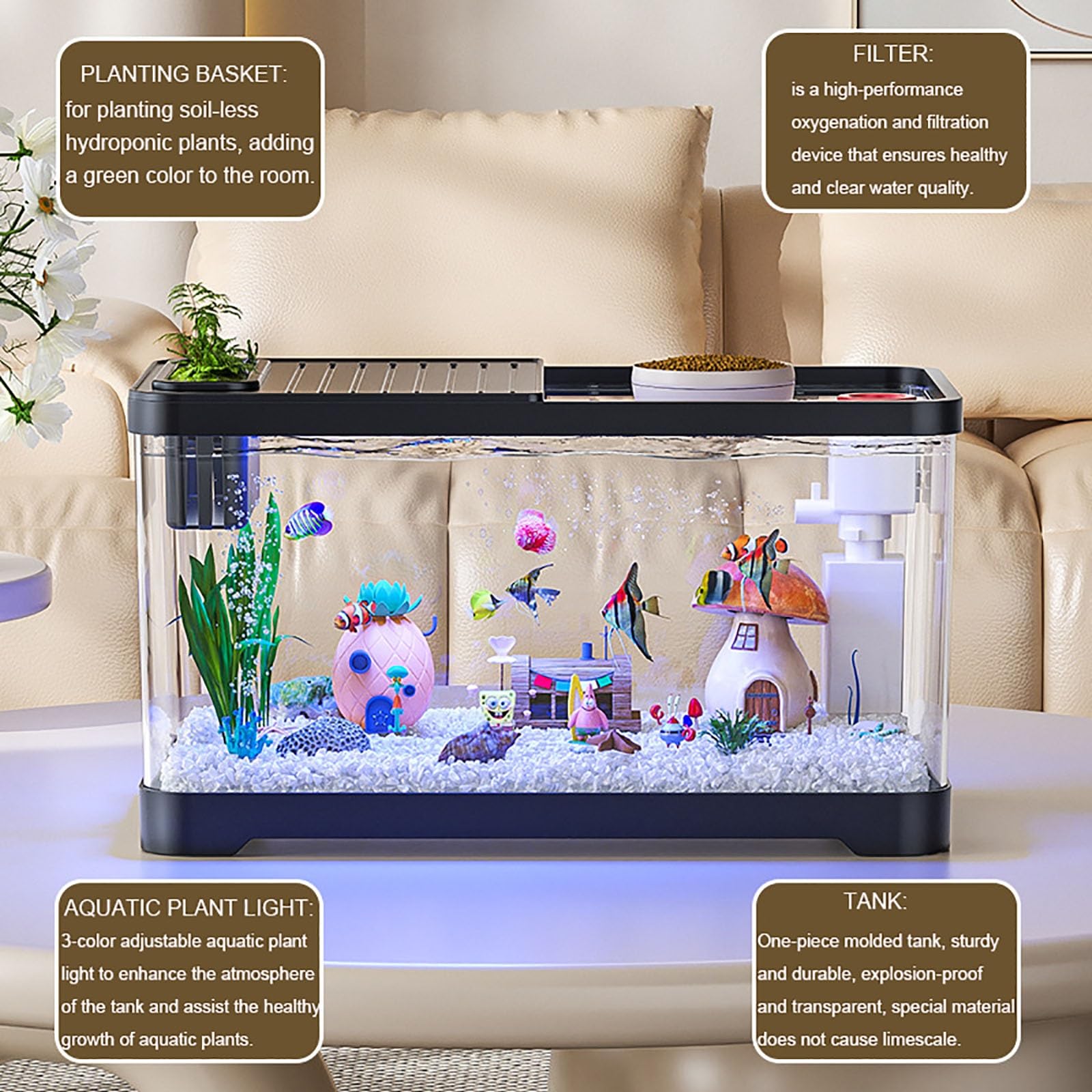 Aquarium Komplett-Set, 38,8 * 21,5 * 21,2 cm Fischtank Mit LED, 3-in-1 Selbstreinigende Filter, Glasbecken Mit Deckel, Klein Aquaristik Dekor Für Zuhause, Büro, Wohnzimmer