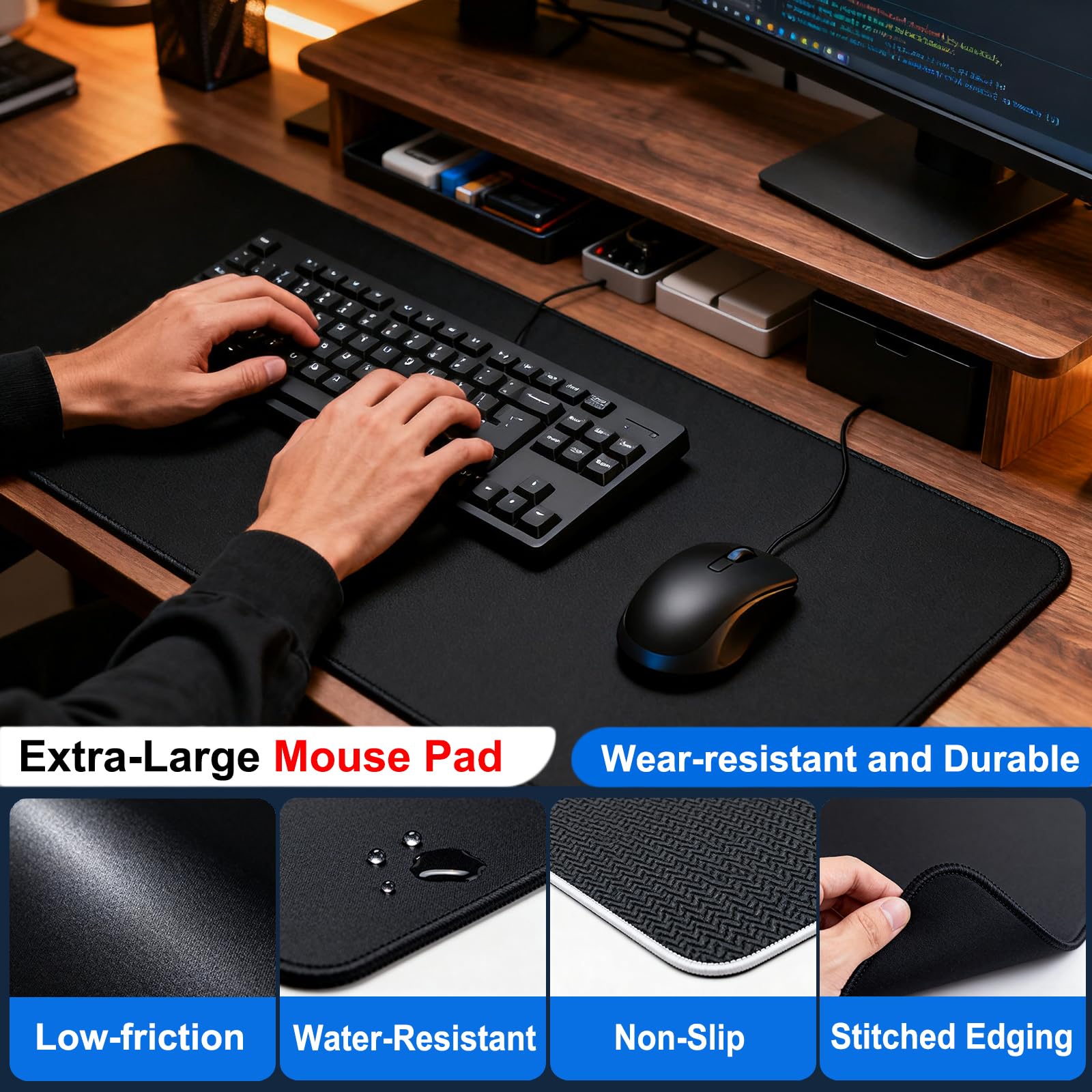 Tappetino per mouse da gioco XXL (80 x 40 cm), extra large, antiscivolo, superficie liscia, tappetino per mouse per giocatori, PC, ufficio, tastiera e mouse, nero