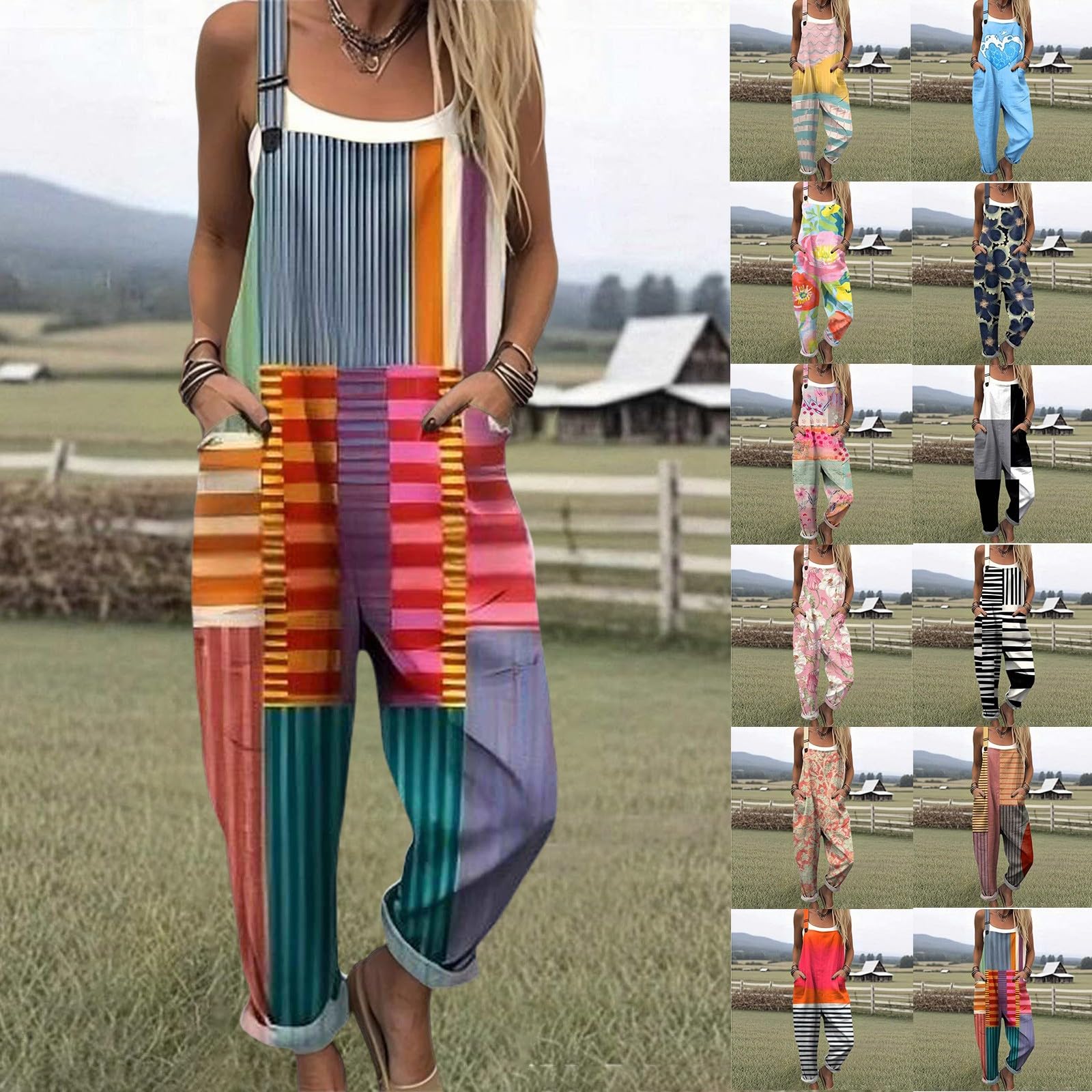 Generisch Salopette estiva da donna, con stampa bohémien, con spalline regolabili, pagliaccetto a gamba larga, stile retrò, casual, oversize, in lino, con bretelle
