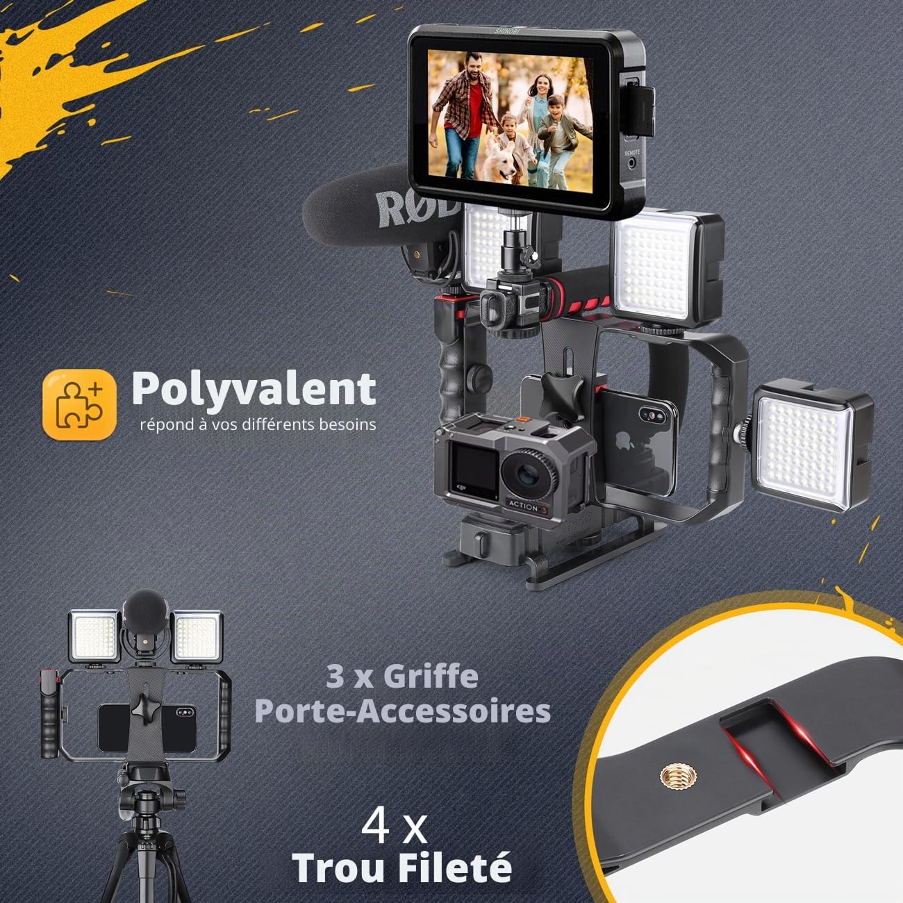 Zeadio Stabilisateur vidéo Portable pour caméra d’Action avec Support vidéo pour Smartphone pour Tous Les Types de caméras, caméscopes et Smartphones