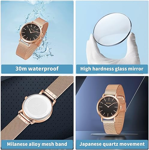 Miniatura 2 de BOSHIYA Relojes para mujer Easy Reader de 1.181 in de acero inoxidable con banda de expansión plateada dorada para mujer, reloj de pulsera pequeño