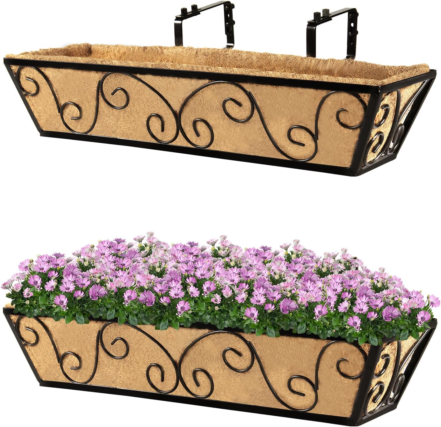 y&m 24 inch window deck with coco liner, fence metal hanging flower planter window basket deck railing planter boxes for outdoor garden lawn-butterfly,2pcs 24inbutterfly2p