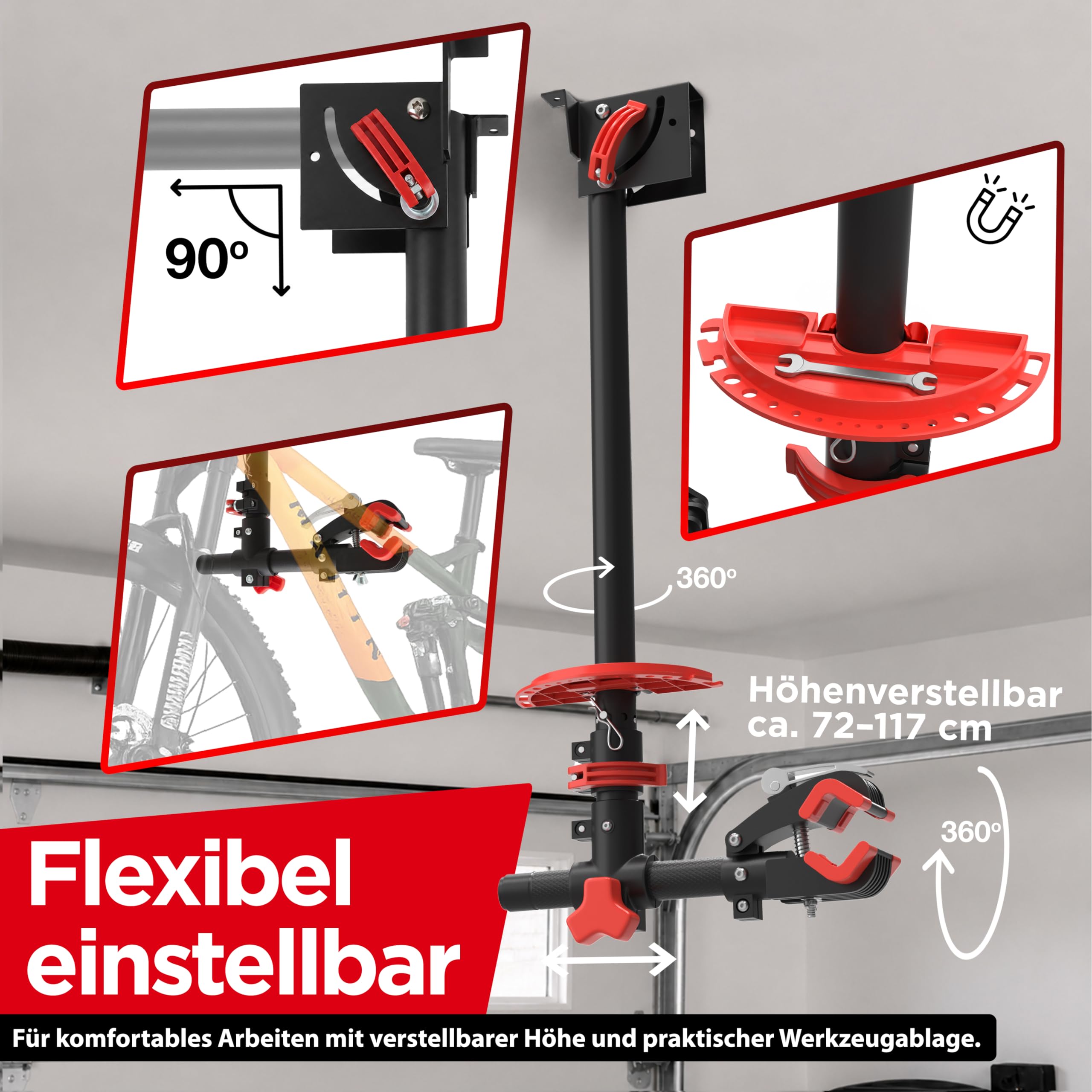 Adamix BikeClamp 30 Montageständer Deckenmontage, bis 30 kg, klappbar | Designed in Germany, höhenverstellbar, Fahrrad Montagehalterung und Reparaturständer für MTB, E-Bike, Rennrad