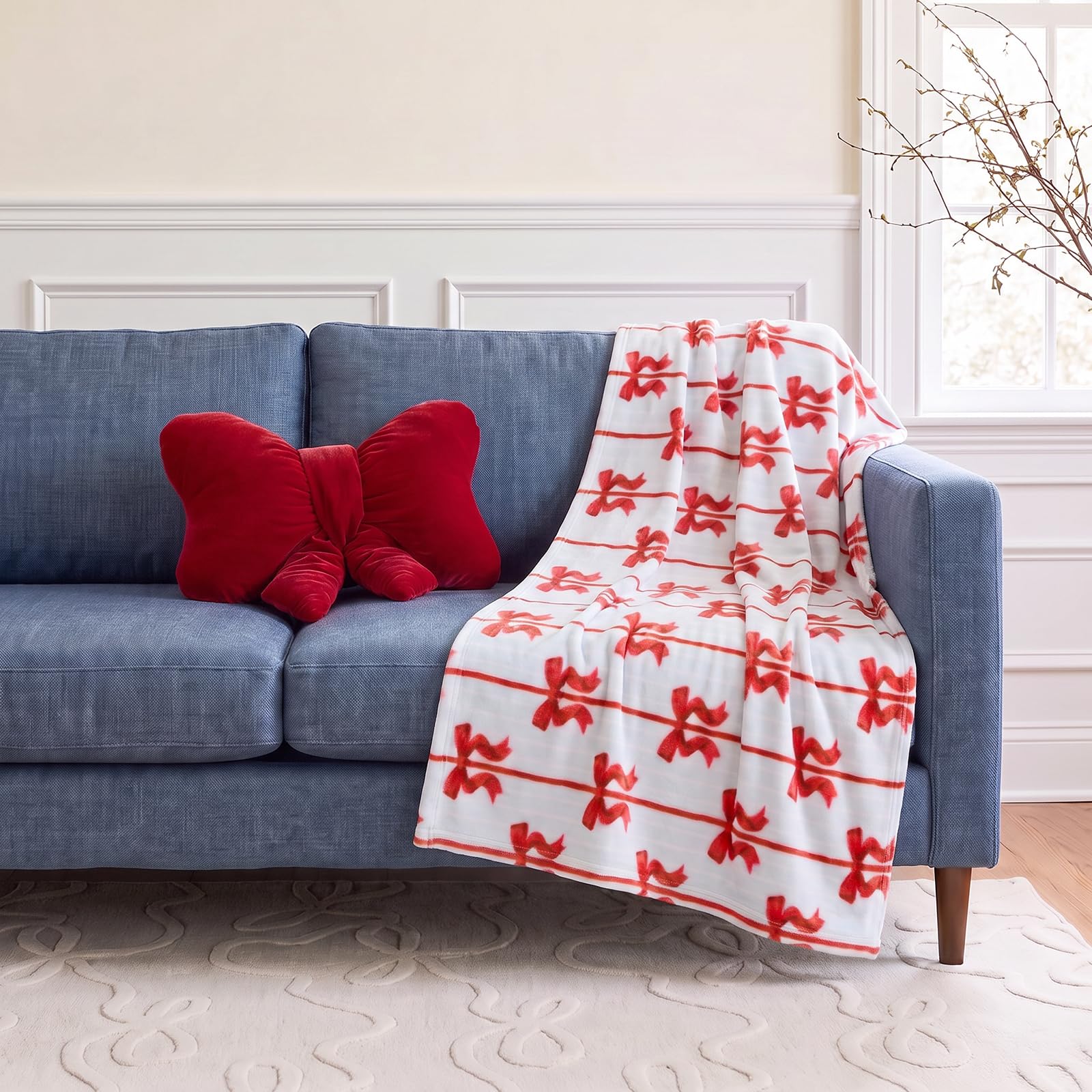 OHS Bow Blanket Throws for Sofas Bed Fleece Blanket, Blue/Red - 120 x 150cm