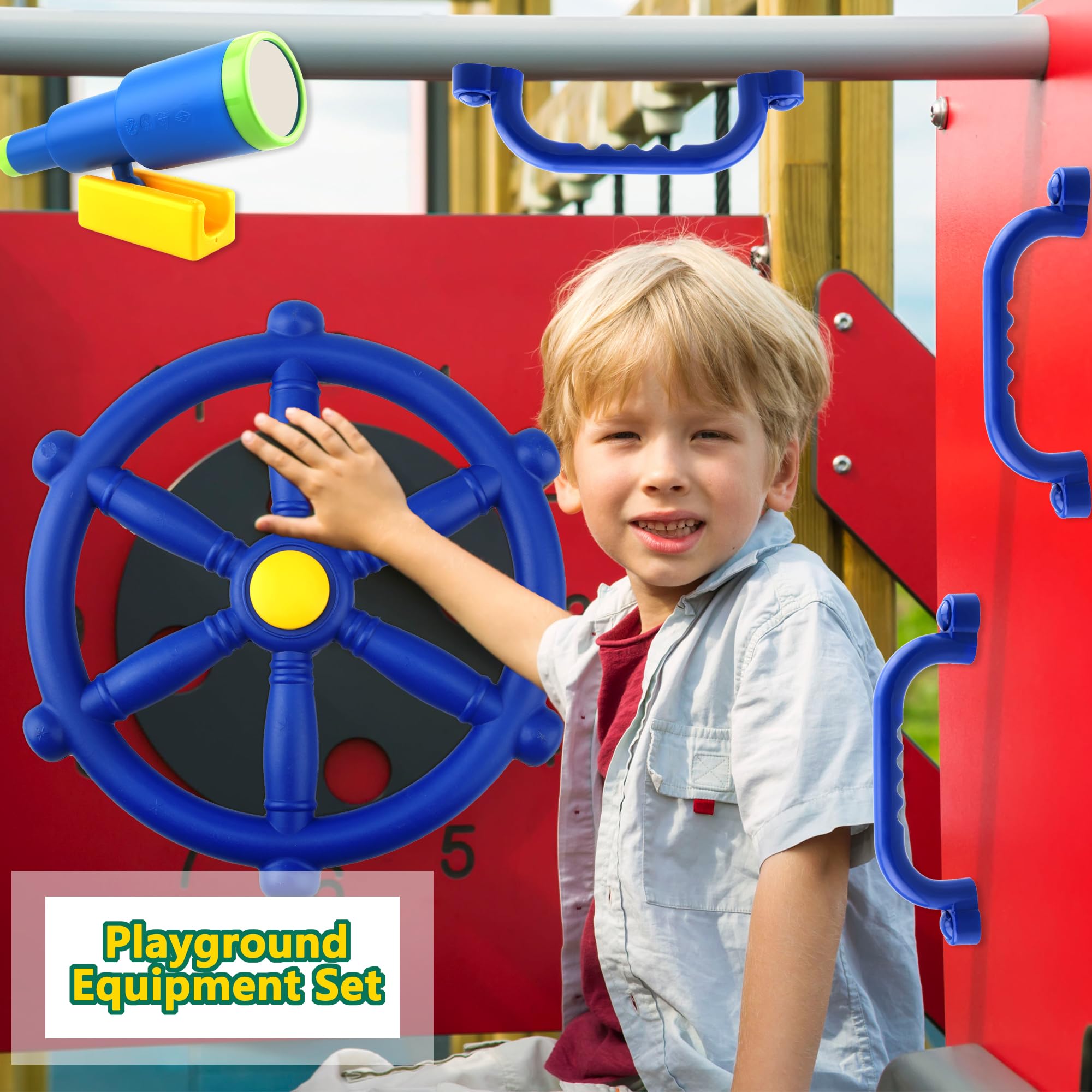Juego de 4 piezas de accesorios para patio de recreo para niños, juego para exteriores, columpios de plástico para volante, telescopio, asas de seguridad, juguete para jardín, patio trasero, 7
