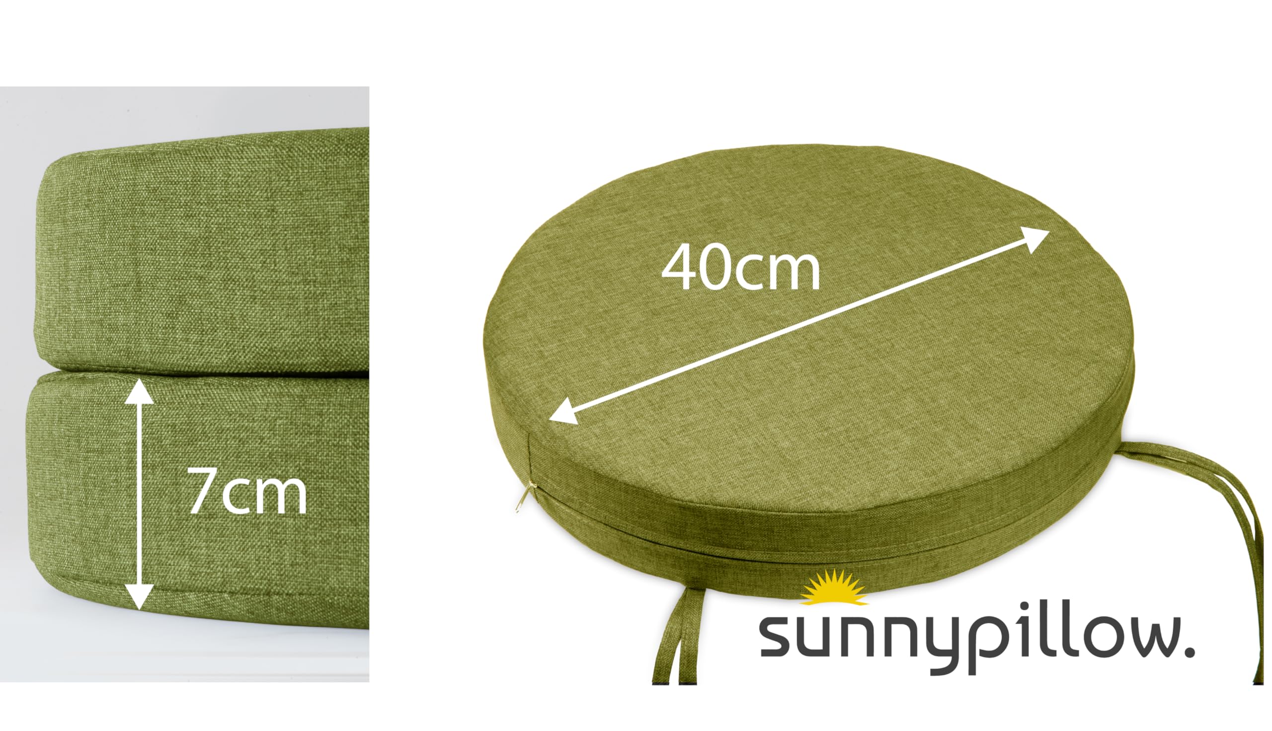 sunnypillow Lot de 2 Coussins de Chaise Ronds Ø 40 cm Extérieur - imperméables résistants aux UV - épaisseur 7 cm - Coussin d'assise pour bancs - Coussin de siège pour la Maison et Le Jardin - Vert