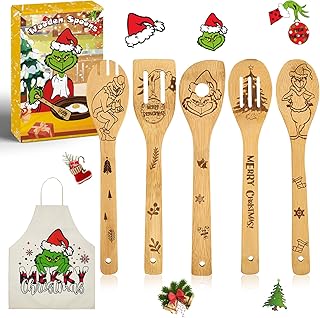 Bamboo Cooking Utensils 6PCS Set Merry Christmas Gifts, Cooking Kitchen Utensils Set With Kitchen Decor Christmas Green Monster 5X Organic Bamboo Spoons, 1X Kitchen Apron, Xmas Kitchen Utensils Set