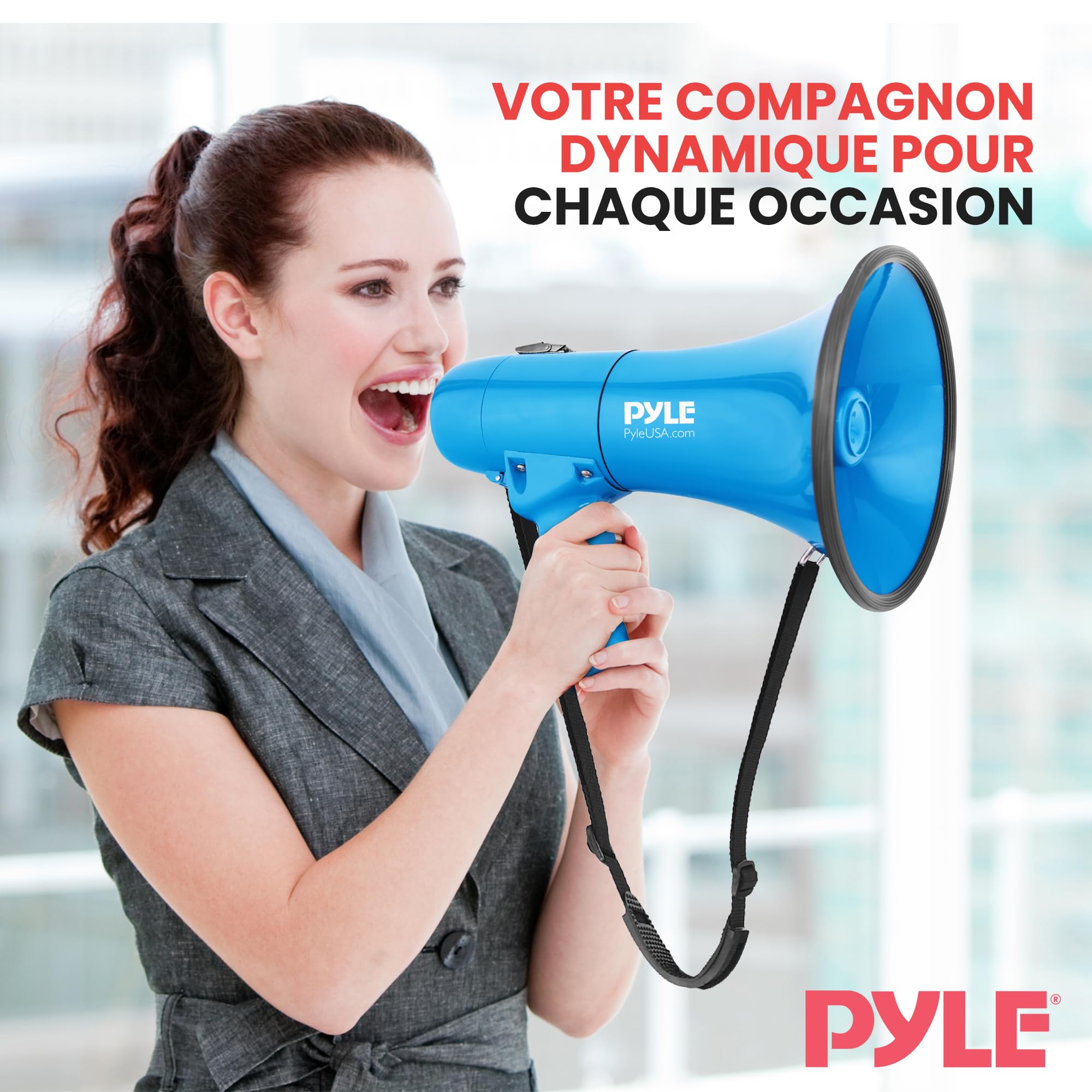 Pyle Mégaphone - Haut-Parleur 40 W avec Sirène et Musique - Mégaphone Porte-Voix Portatif et Léger, Portée 670 m², pour Intérieur et Extérieur – Bleu