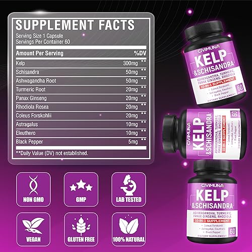 Miniatura 3 de (2 paquetes) Cápsulas de algas Kelp 6550mg - Kelp, Schisandra, Ashwagandha - 4 meses de suministro