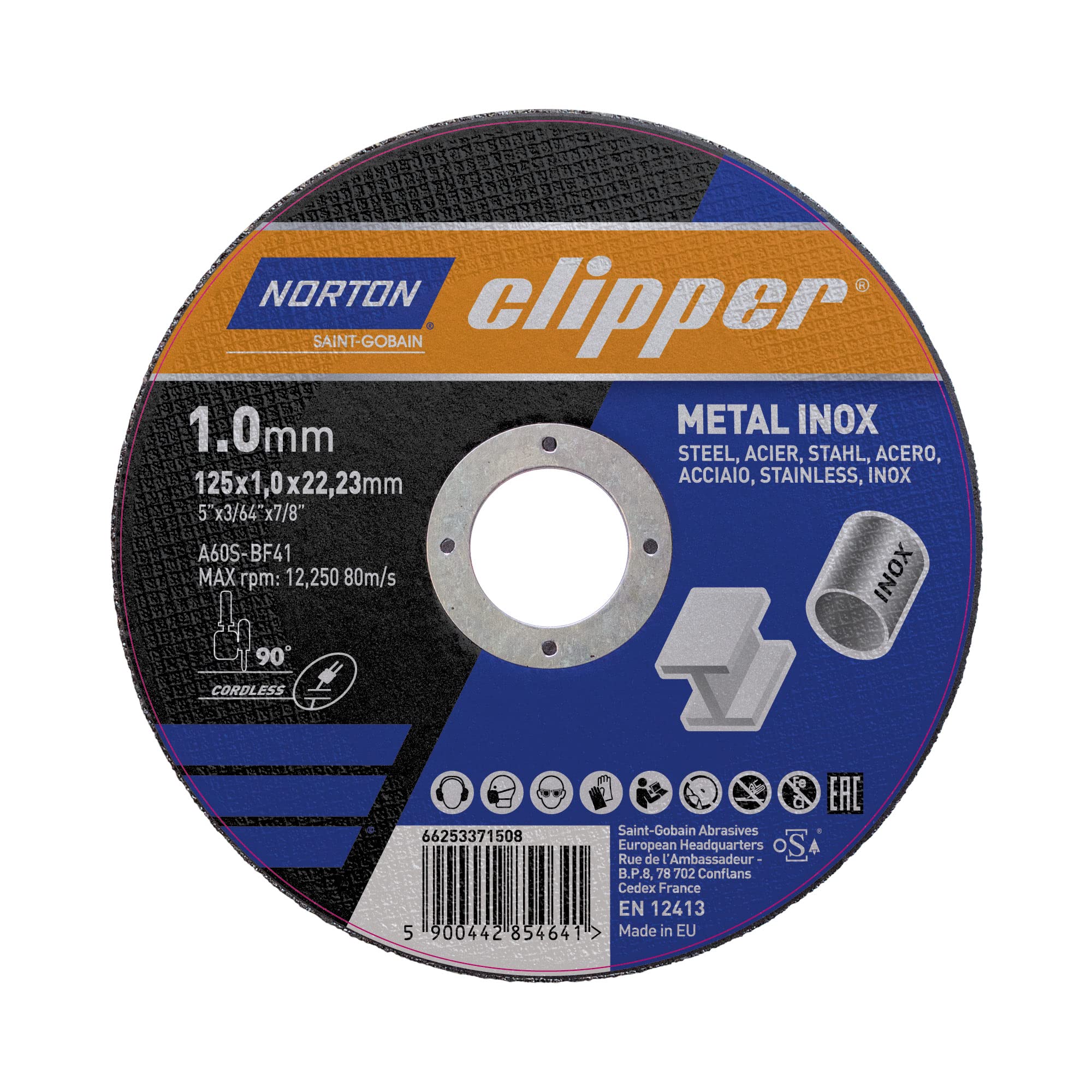Norton Clipper Lot de 100 disques à tronçonner pour acier/inox 125 x 1,0 x 22,23 mm