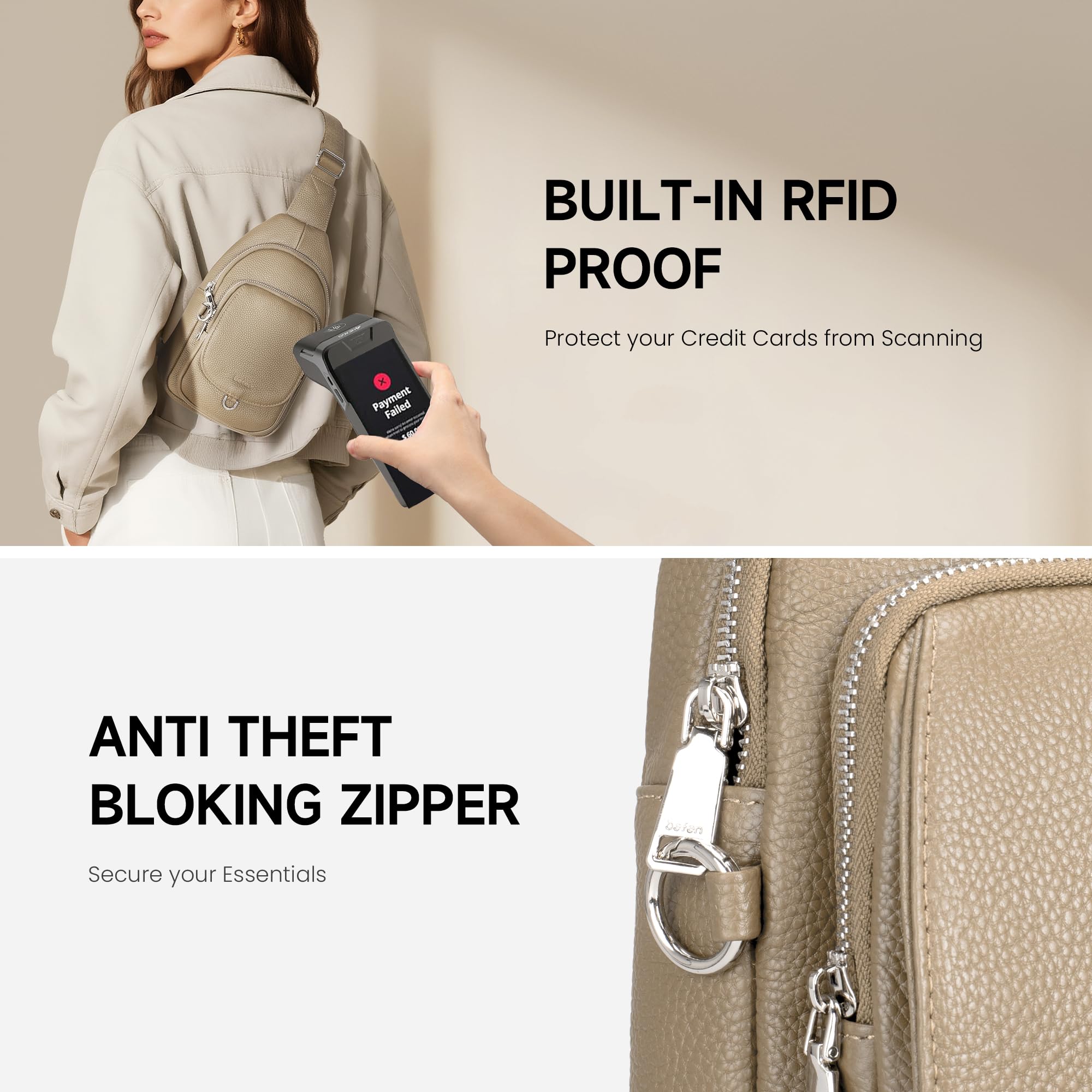 befen Borsa a Tracolla per Donna Anti-taccheggio in Vera Pelle con Protezione RFID – Sling Bag Borsello Tracolla Viaggio per Trekking, Lavoro, Sport