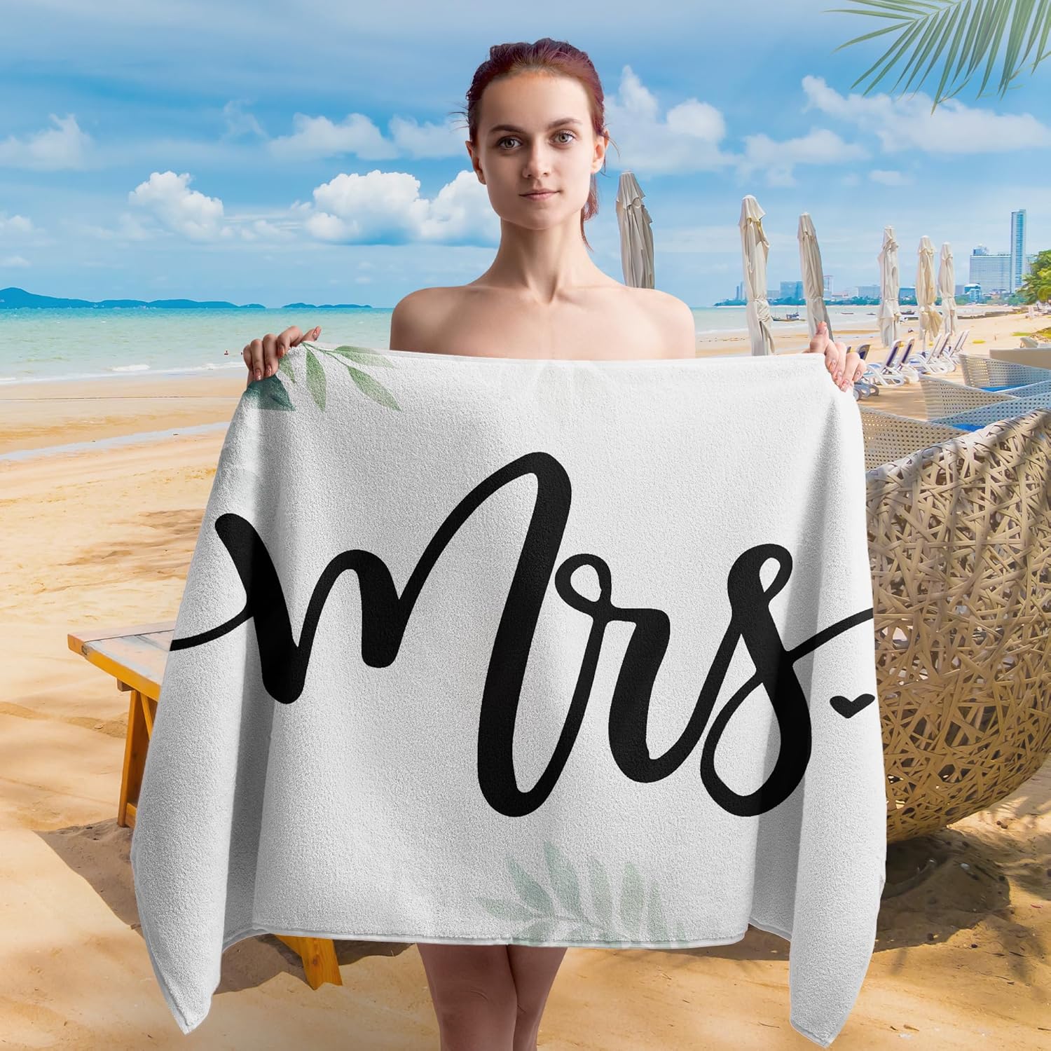 Mr and Mrs Beach Towel Set of 2, Honeymoon Wedding Beach Towels Gifts for Newlywed Couple Bride Groom Valentines, Rustic Green Leaf Botanical Towels Oversized Decor for Bathroom 30x60 in - Image 3