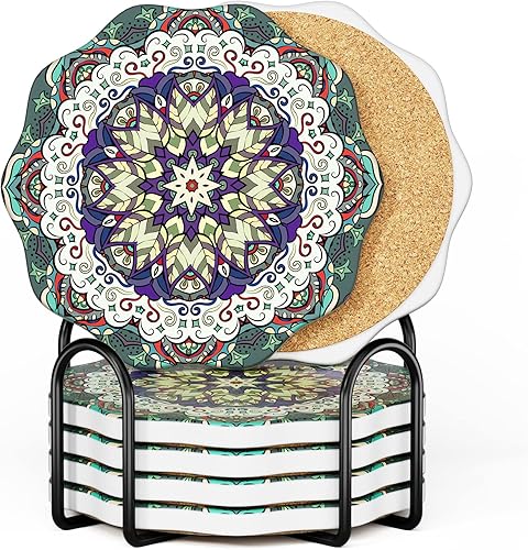 Ainubio Portavasos para bebidas, juego de 6 posavasos de cerámica absorbentes con mandala con soporte y base de corcho, bonitos posavasos de piedra