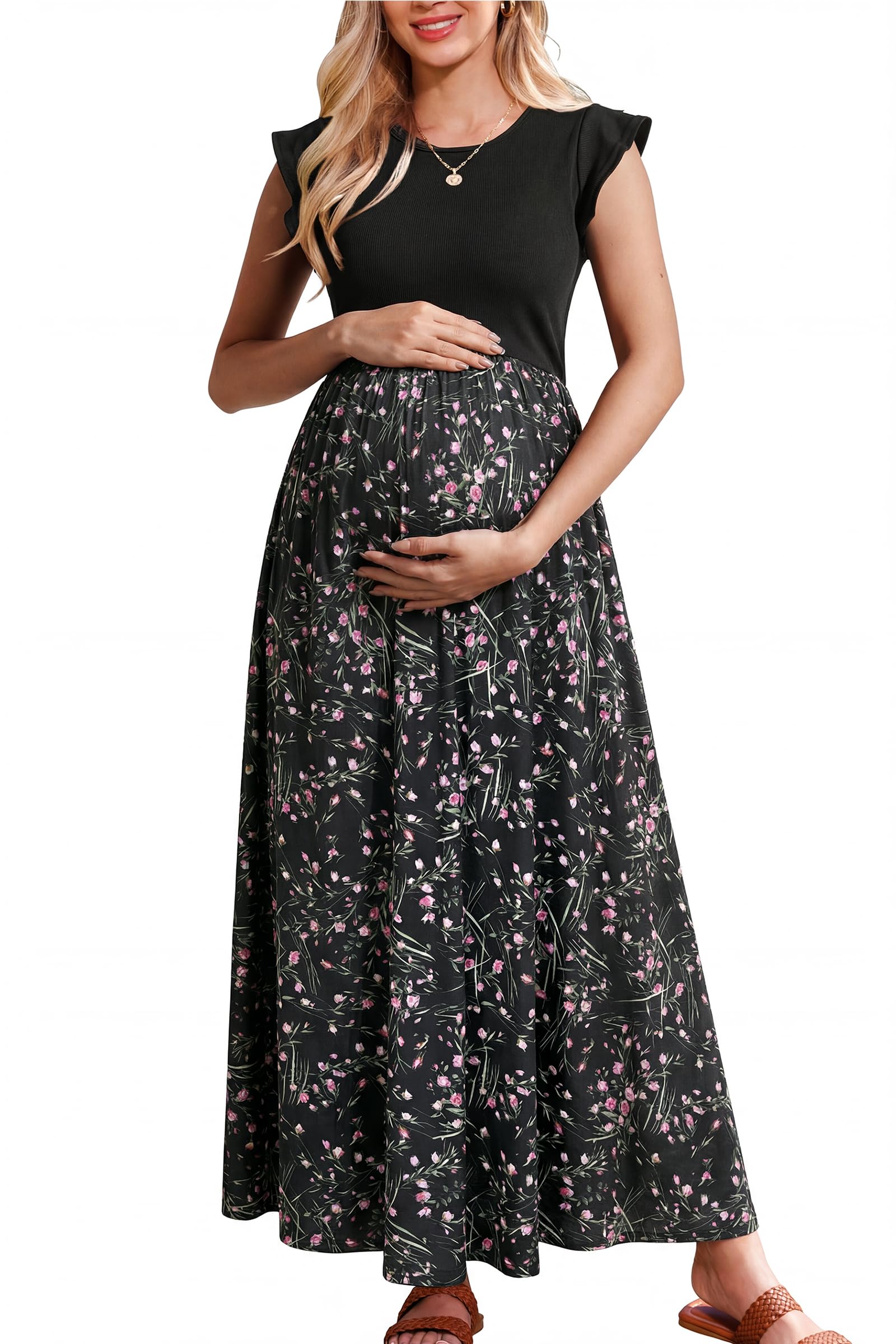 OUGES Sommerkleid Damen Lang Rüschen Maxikleid Elegant Sommer Kleid mit Taschen
