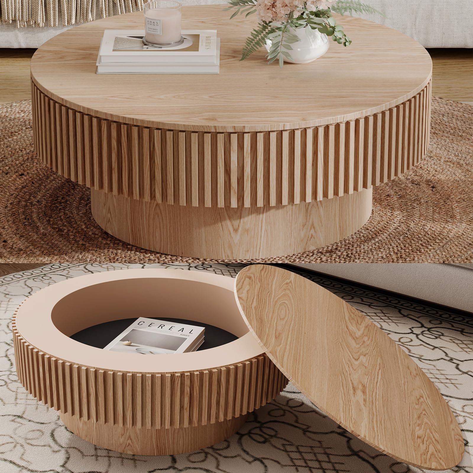 BSYEIO 31.5''Round Coffee Table with Storage, Modern Luxury Circle Drum Center Tables with Solid Wood Veneered, Accent Side Coffee Table for Living