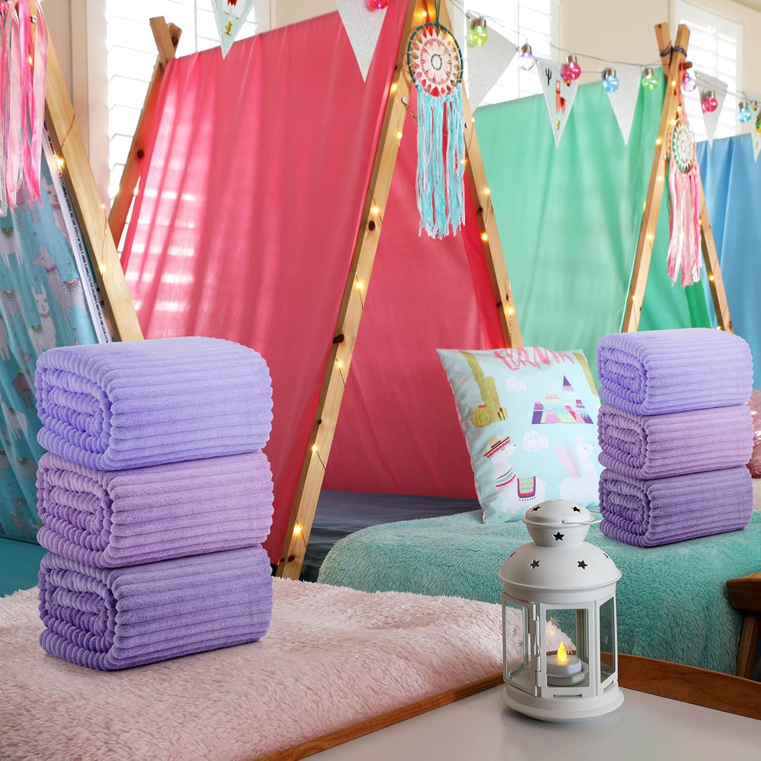 Buryeah 12 Pcs Flannel Fleece Sleepover Blanket Bulk for Girl Galentines Party 40x60 Inch Oeko-tex Standard Soft Throw Blanket Mattress Pajamas Spa Slumber Wedding (Lavender Purple Gradient Set)