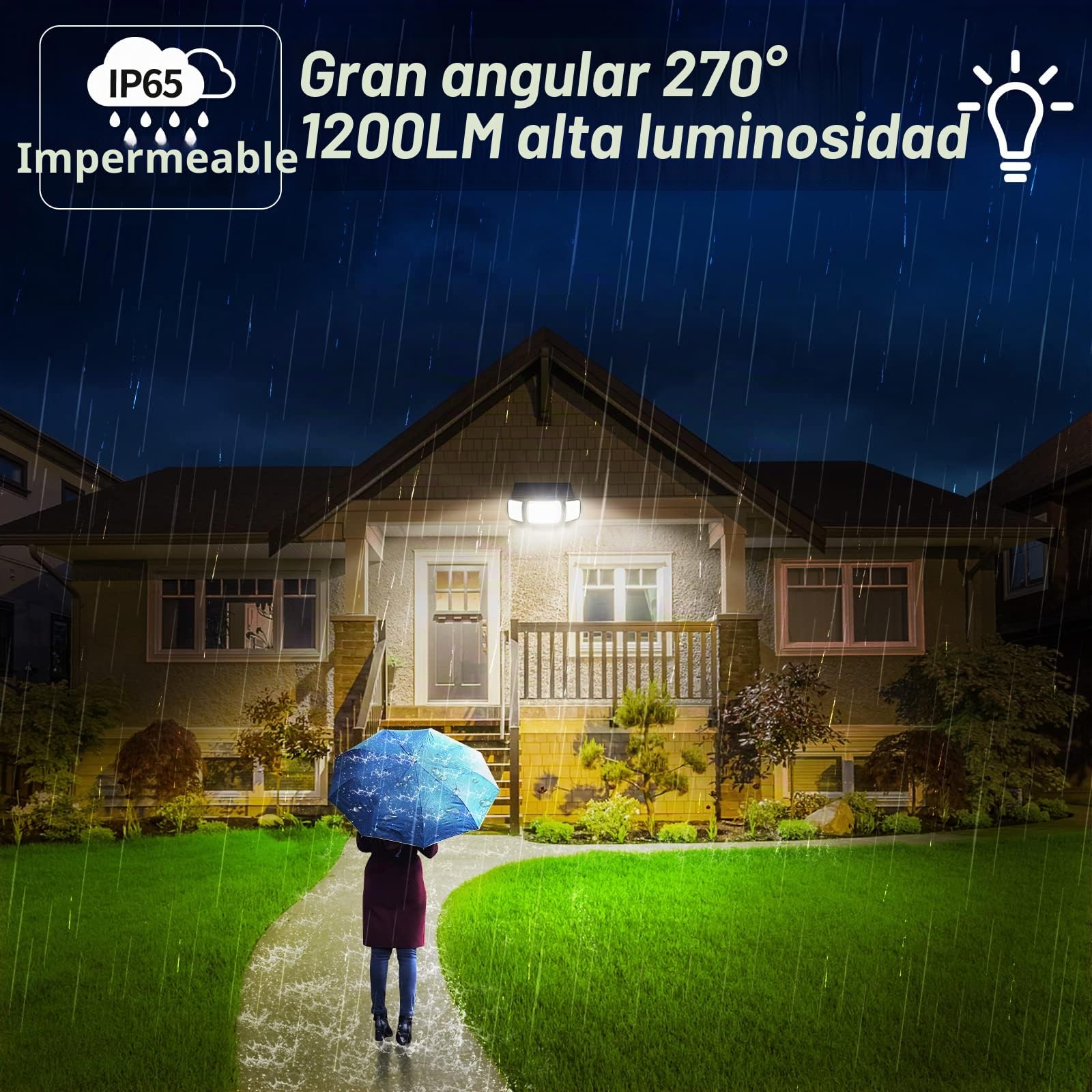 intelamp Luz solar exterior 6000mAh luz solar exterior con sensor de movimiento 1200LM IP65 impermeable proyector solar gran angular luces (2 unidades) | Lámpara solar exterior con sensor de movimiento, IP65, iluminación exterior para jardín, garaje