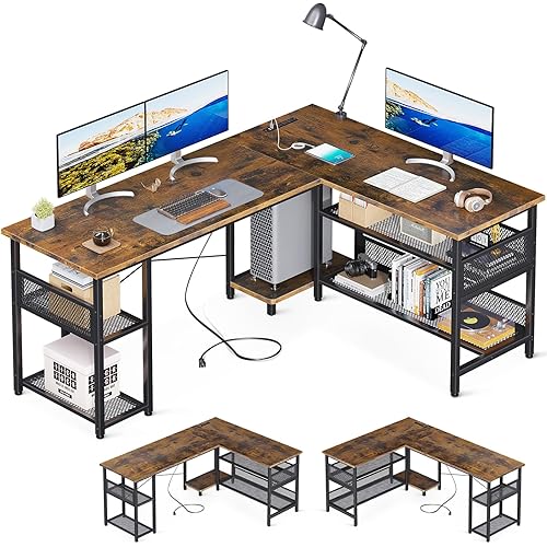 ODK 59" L Shaped Desk with Power Outlet and USB Charging Ports, Reversible L Shaped Computer Desk with Storage Shelves, Home Office Desk, Gaming Desk, Corner Desk, Vintage