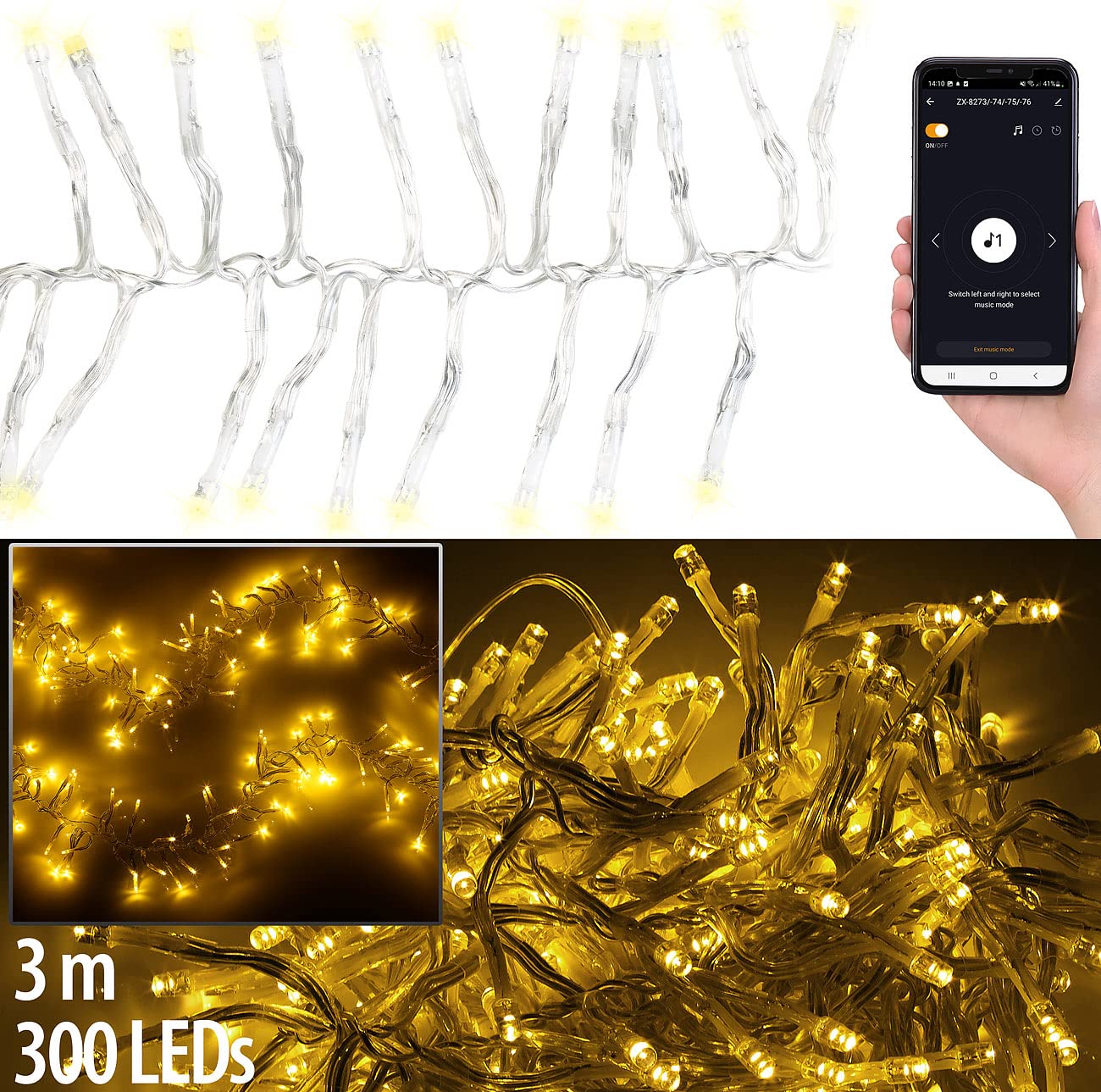 Lunartec Lichterkette Smart: 2er-Set WLAN-LED-Büschel-Lichterketten, 300 LEDs, App, 6m, transparent (Cluster-Lichterkette außen, App gesteuerte Lichterketten, Dimmer)