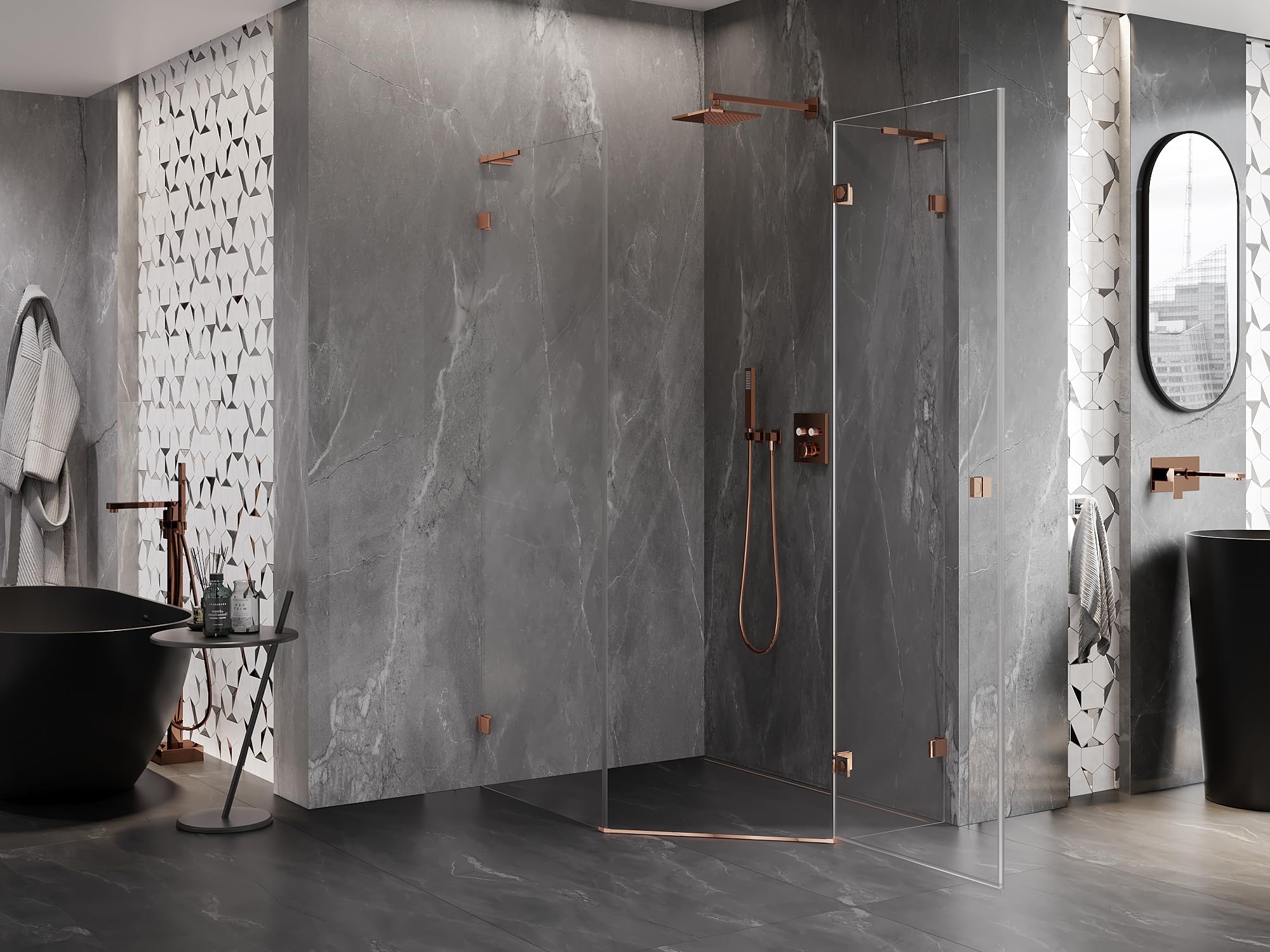 Mexen Lunar L - Box Doccia Cinquagonale con Porta Battente Destra, 80x90 cm, Trasparente, Oro Rosa