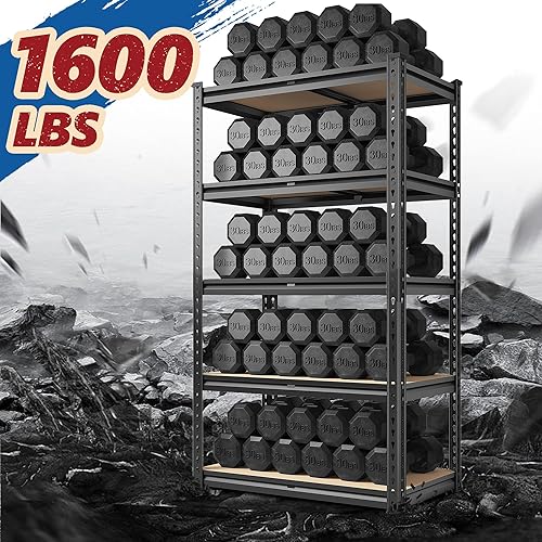 Miniatura 5 de REIBII Estantes de almacenamiento de 1600 libras, estantería de metal resistente, estantes de garaje de 5 niveles, estante de metal ajustable para