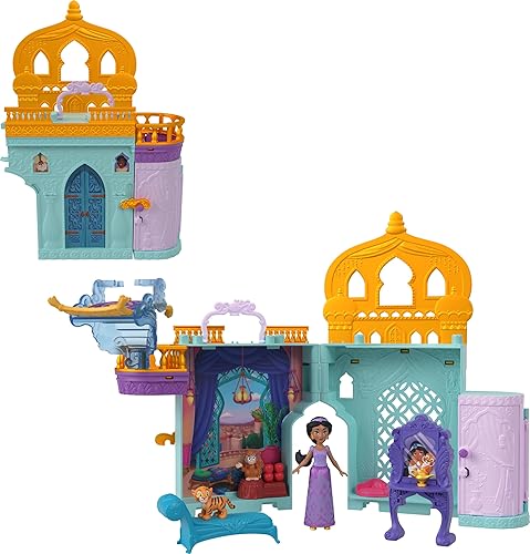 Mattel Disney Princess Jasmine - Casa de muñecas apilable con pequeña muñeca de jazmín, 2 amigos de personajes y 7 accesorios