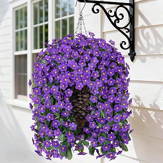 Artificial Fake Outdoor Hanging Flowers Plants Basket for Outside Porch Decoration, Fake Silk Purple Daisy Flower UV Resistant Look Real Orchid Traing Vines for Home Balcony Yard Patio Garden Decor